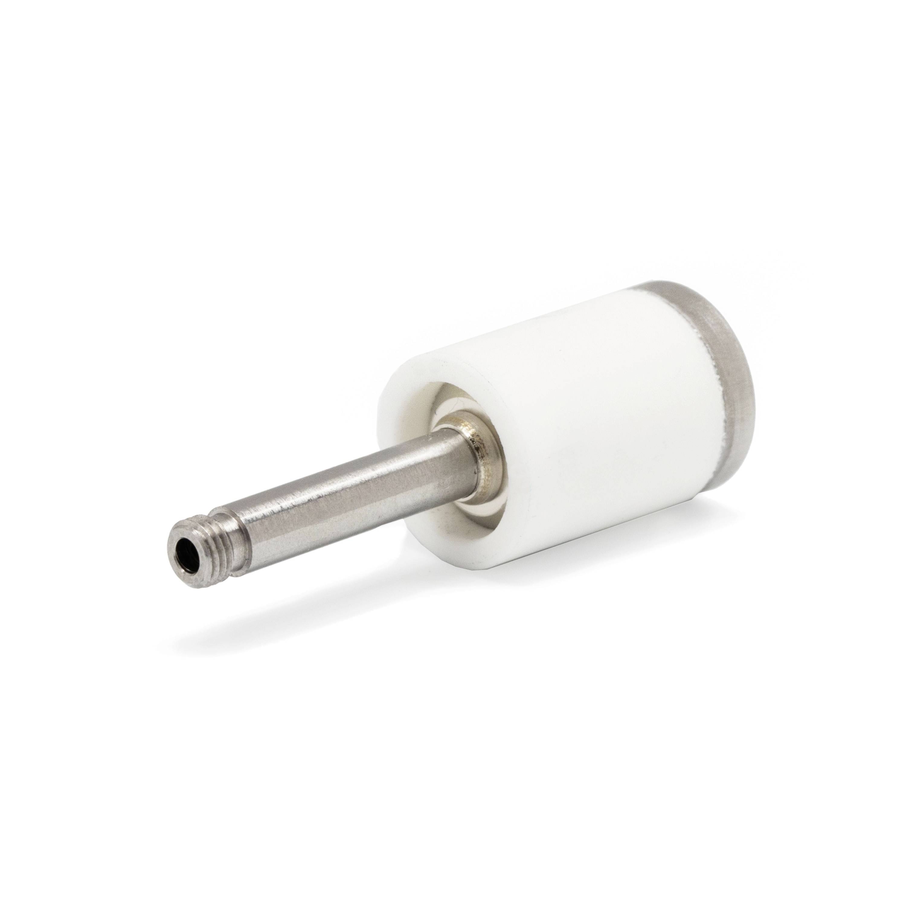 White cylindrical roller with a metal threaded shaft, shown isolated on a white background.