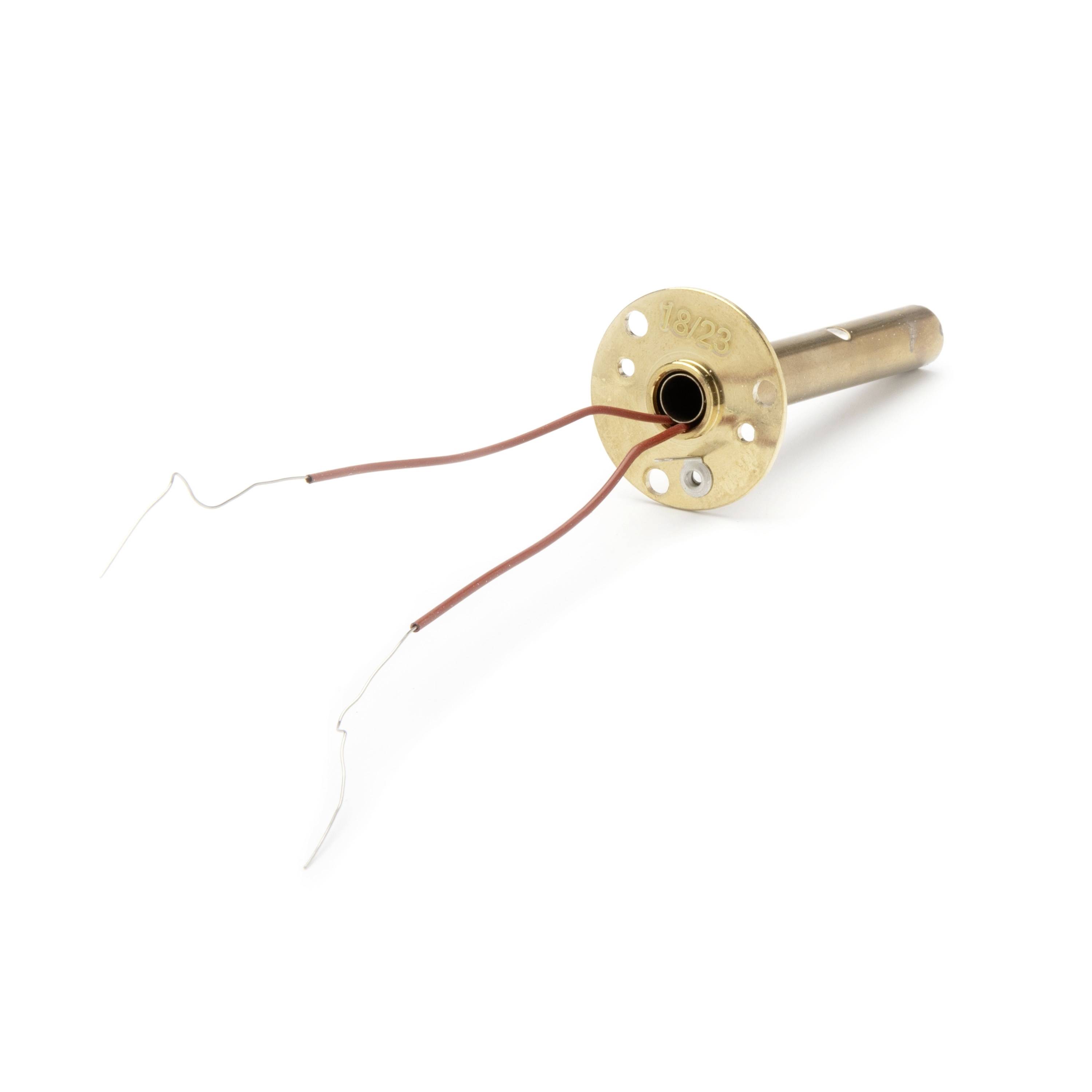 Close-up of a small brass electrical component with two red wires extending from a circular end, isolated on a white background.