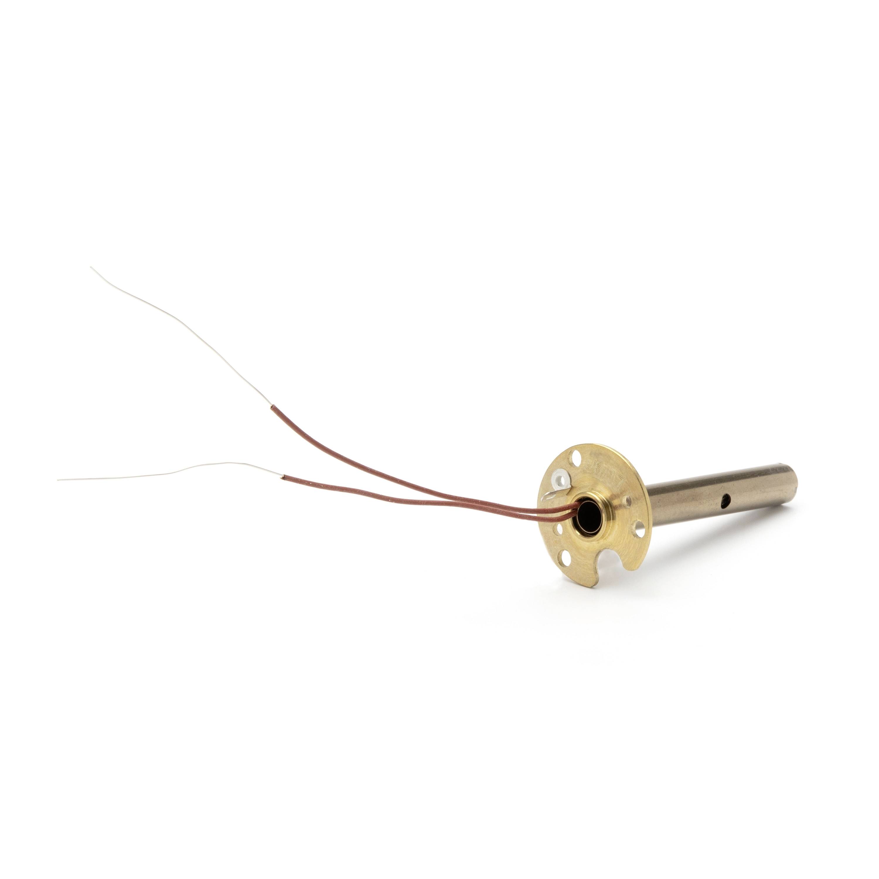 Electrical heater element with two brown insulated wires and exposed resistance leads connected to a metal mounting flange