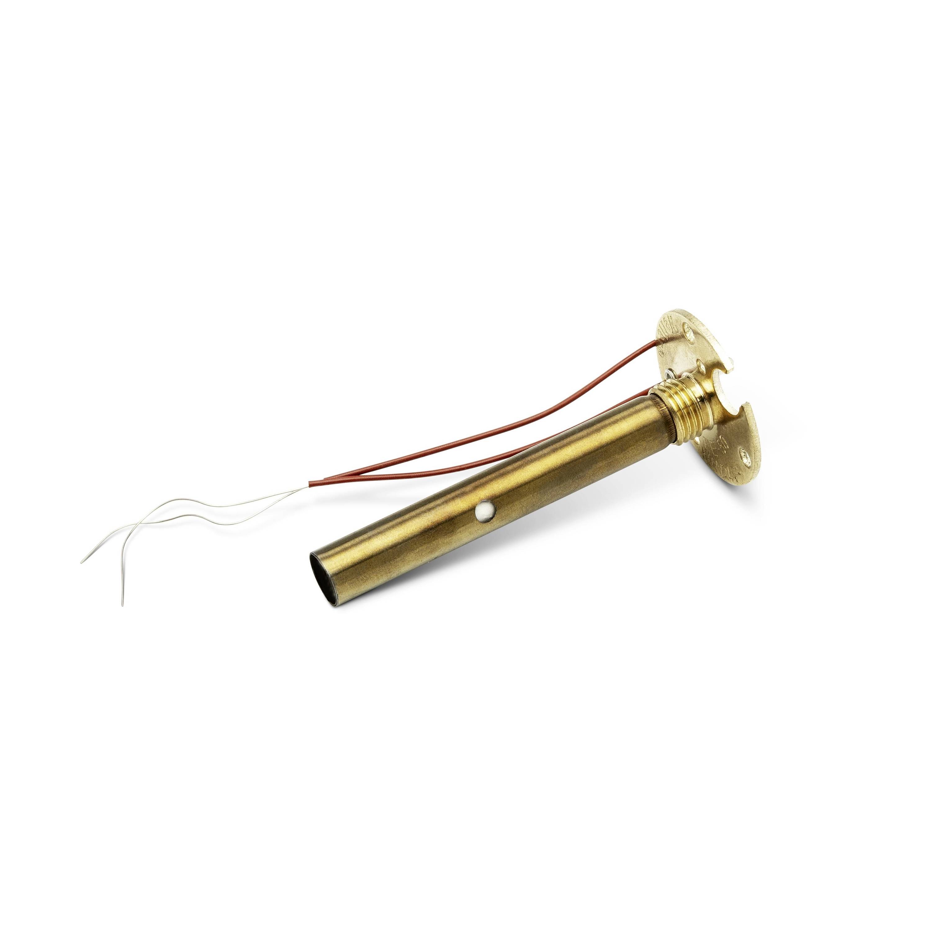 Brass electrical probe or sensor with two red wires and two white leads, shown isolated on a white background.