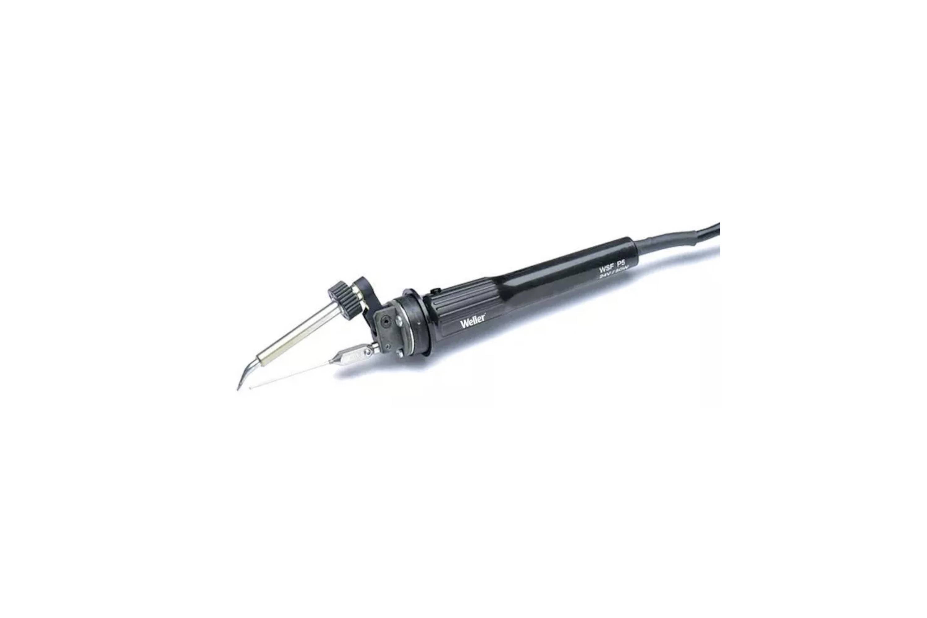 Black electric soldering iron with a pointed metal tip and power cord on a white background.
