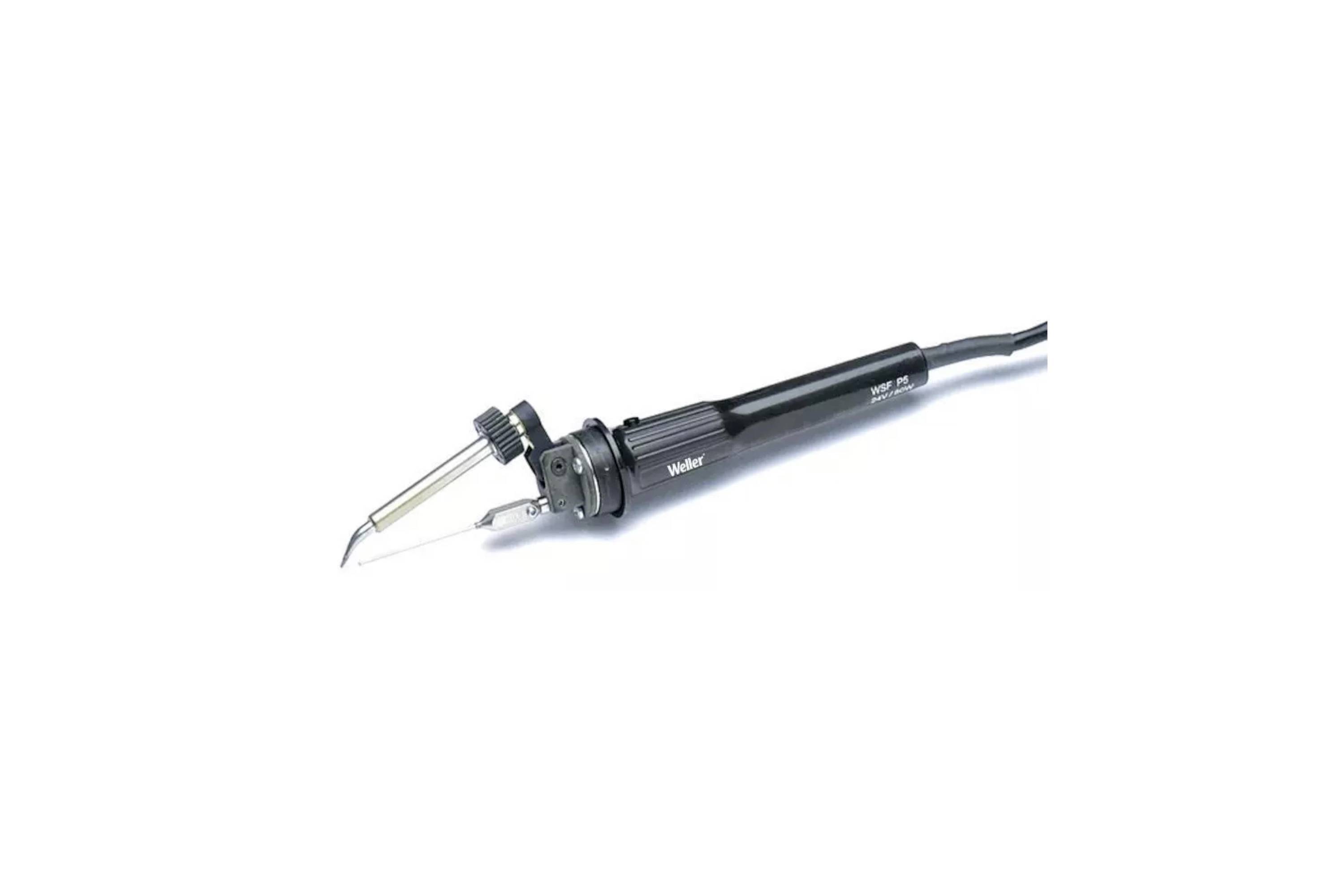 A black electric soldering iron with a metal tip and power cord on a white background.