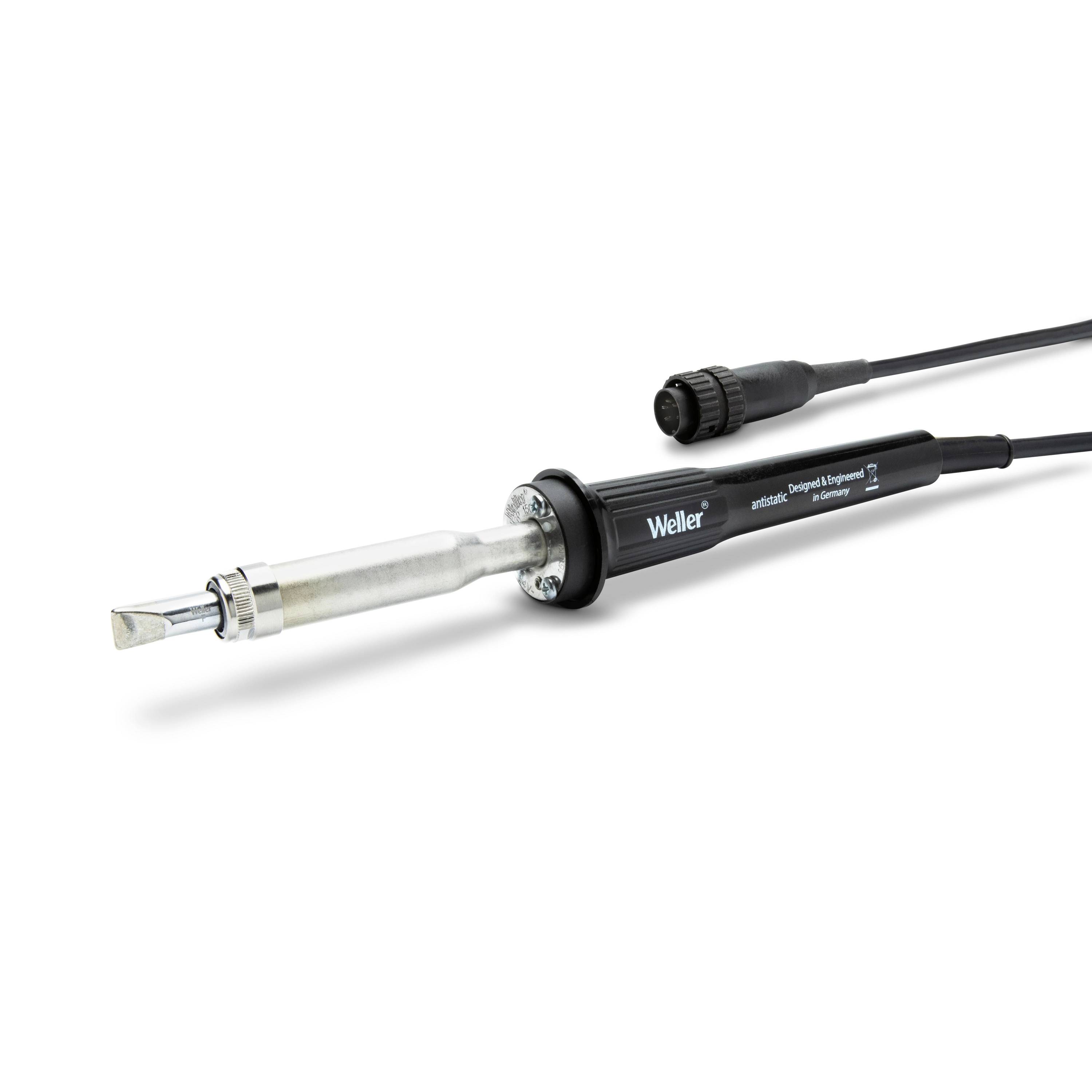 A Weller soldering iron with a connected black cable and detachable tip connector on a white background.