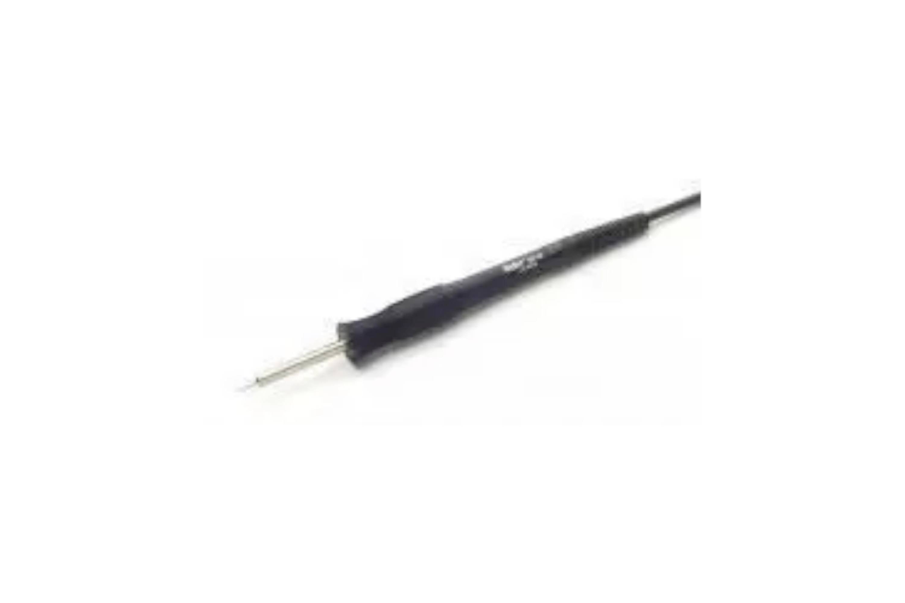 A black soldering iron with a pointed metal tip on a white background.