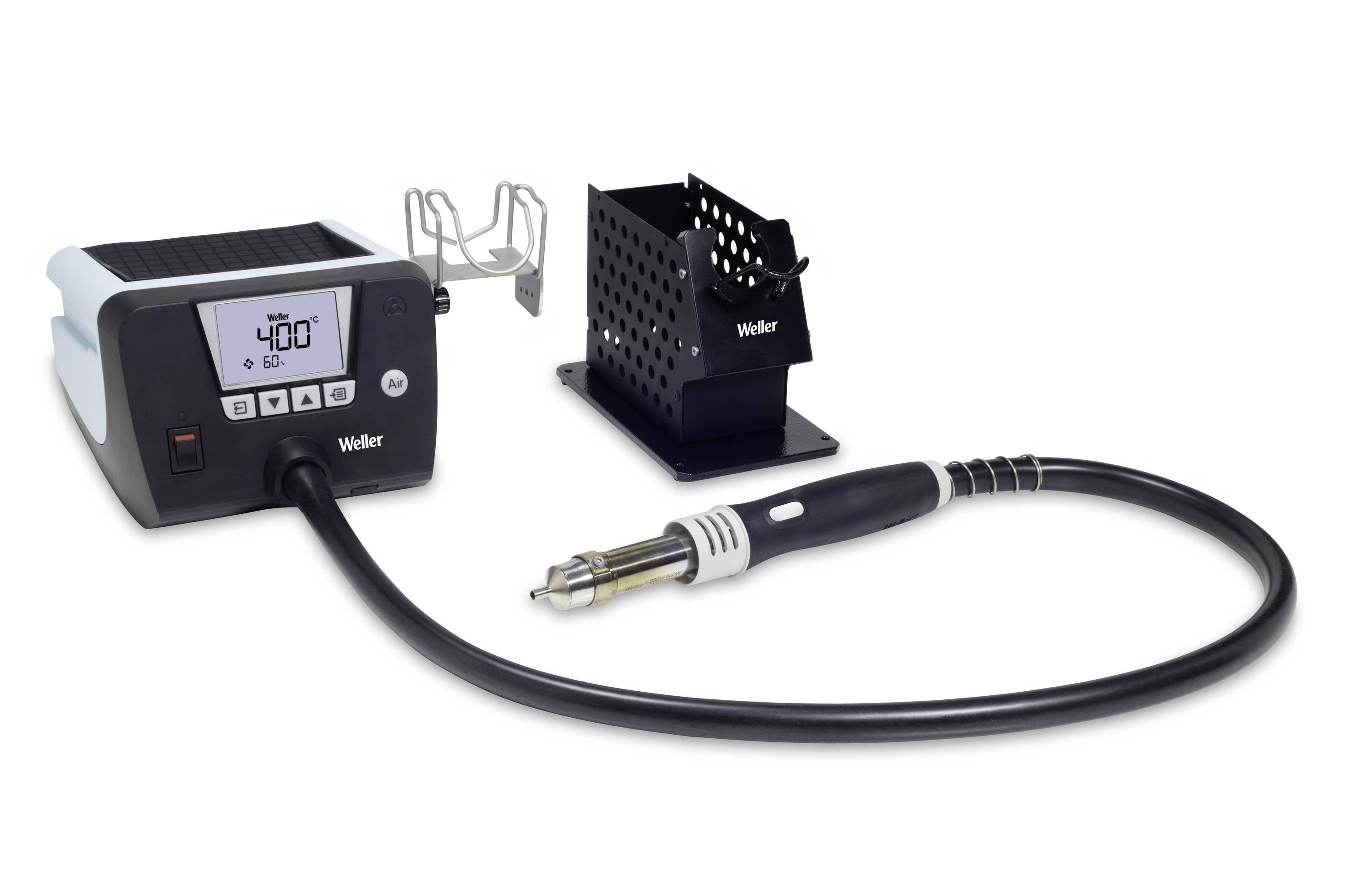Digital soldering station with display and soldering iron, plus iron stand and brass sponge holder.