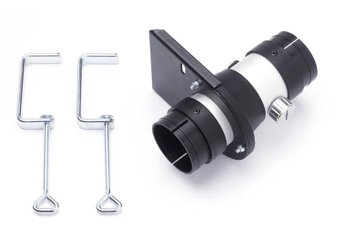 Two metal hook tools beside a black cylindrical mounting bracket or clamp on a white background.