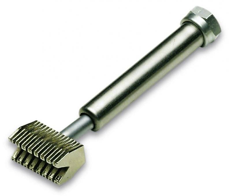 Metal screw extractor tool with a hex handle and ridged gripping head for removing broken bolts or screws.