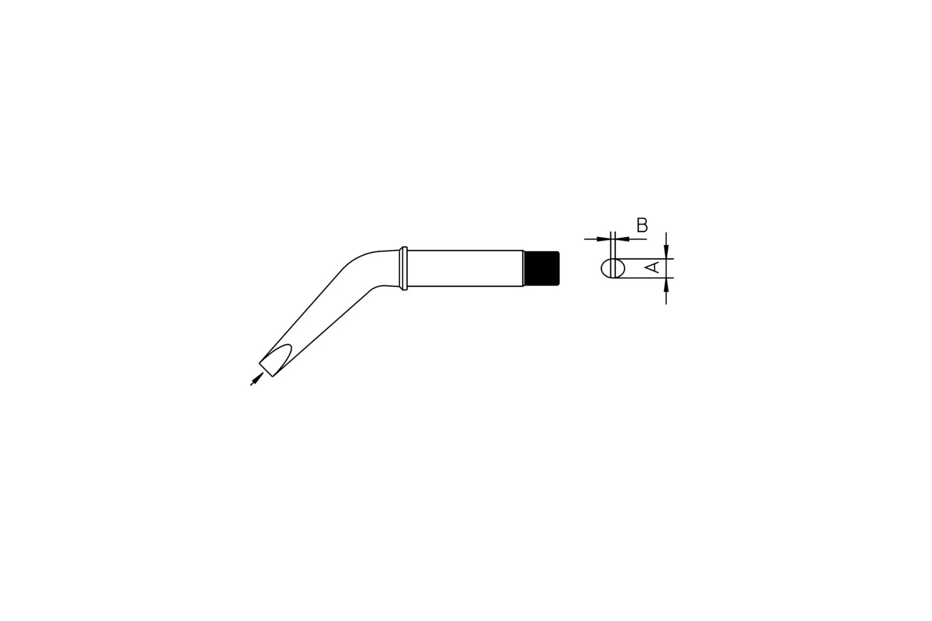 Technical line drawing of a bent pipe or nozzle with a long cylindrical body and a dimensioned end view labeled A and B.