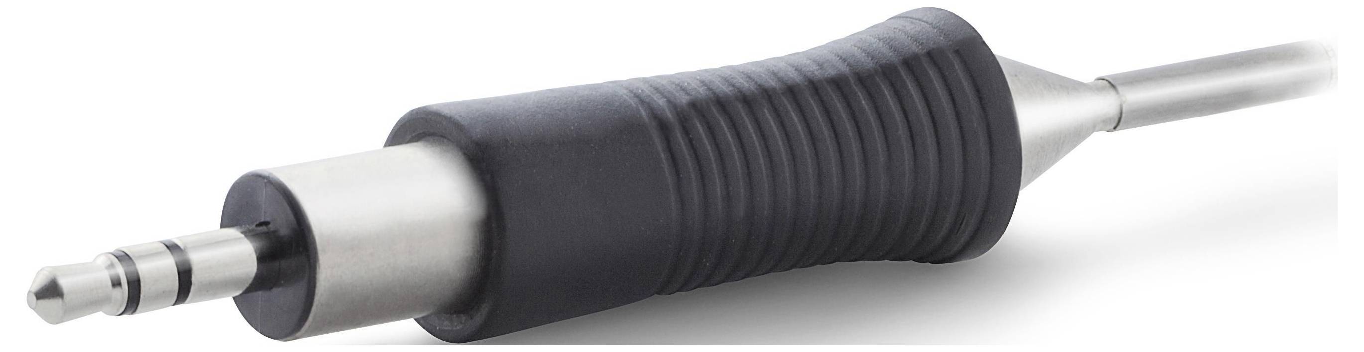 3.5 mm audio jack plug with black ribbed grip and silver metal tip on a white background