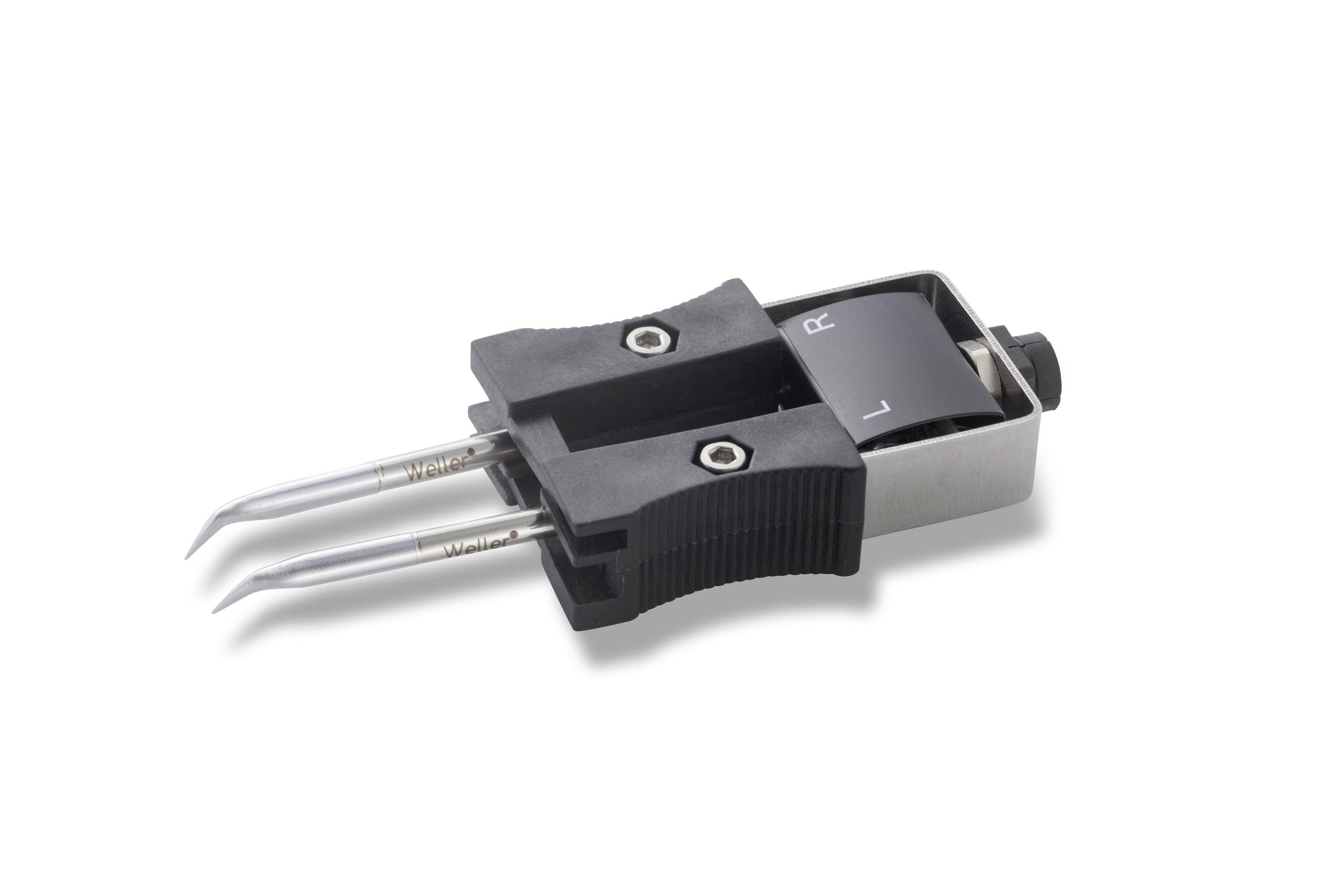 Two-prong electrical plug connector with black and silver housing, shown on a white background.