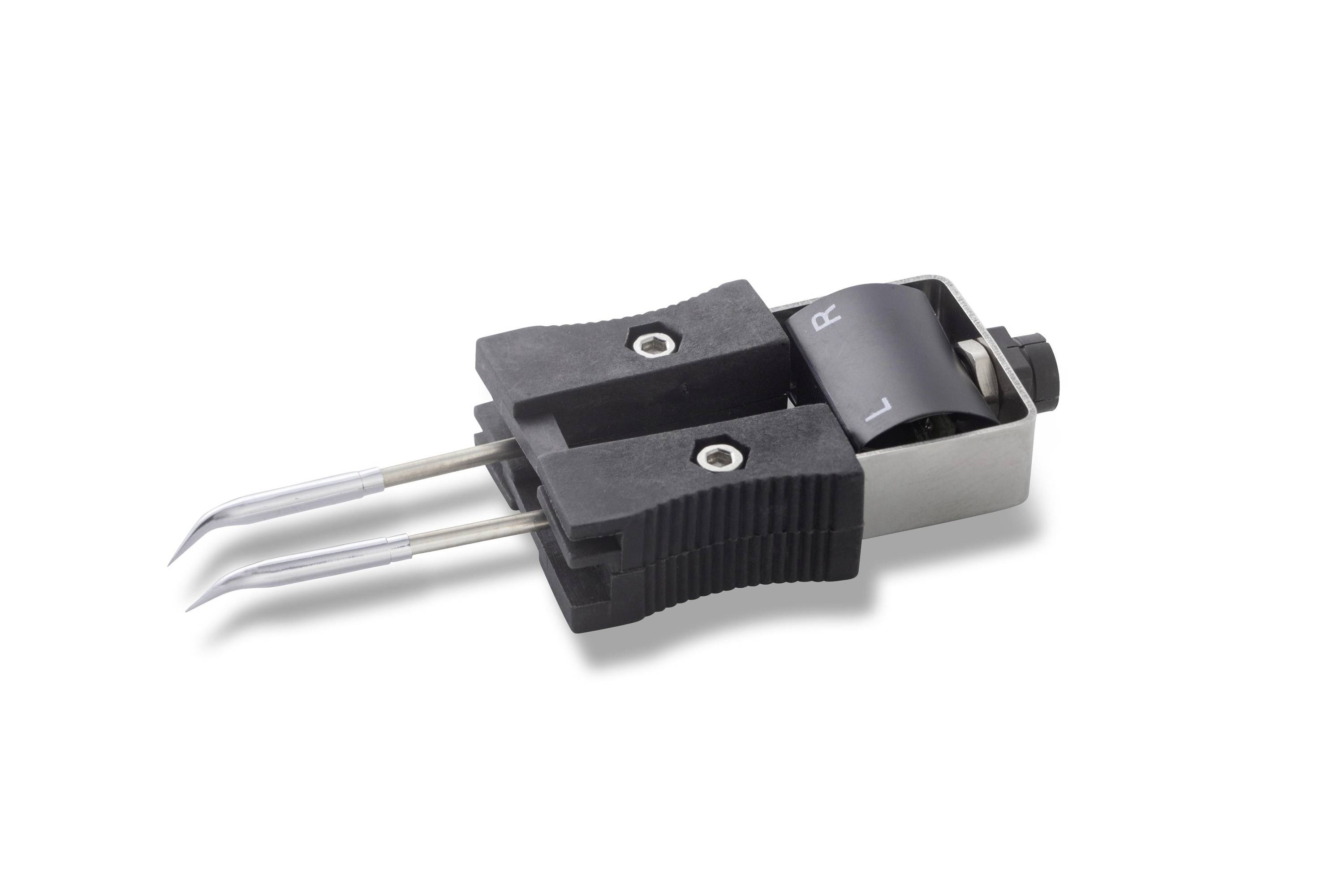 Close-up of a two-pronged metal sewing machine presser foot attachment on a white background.