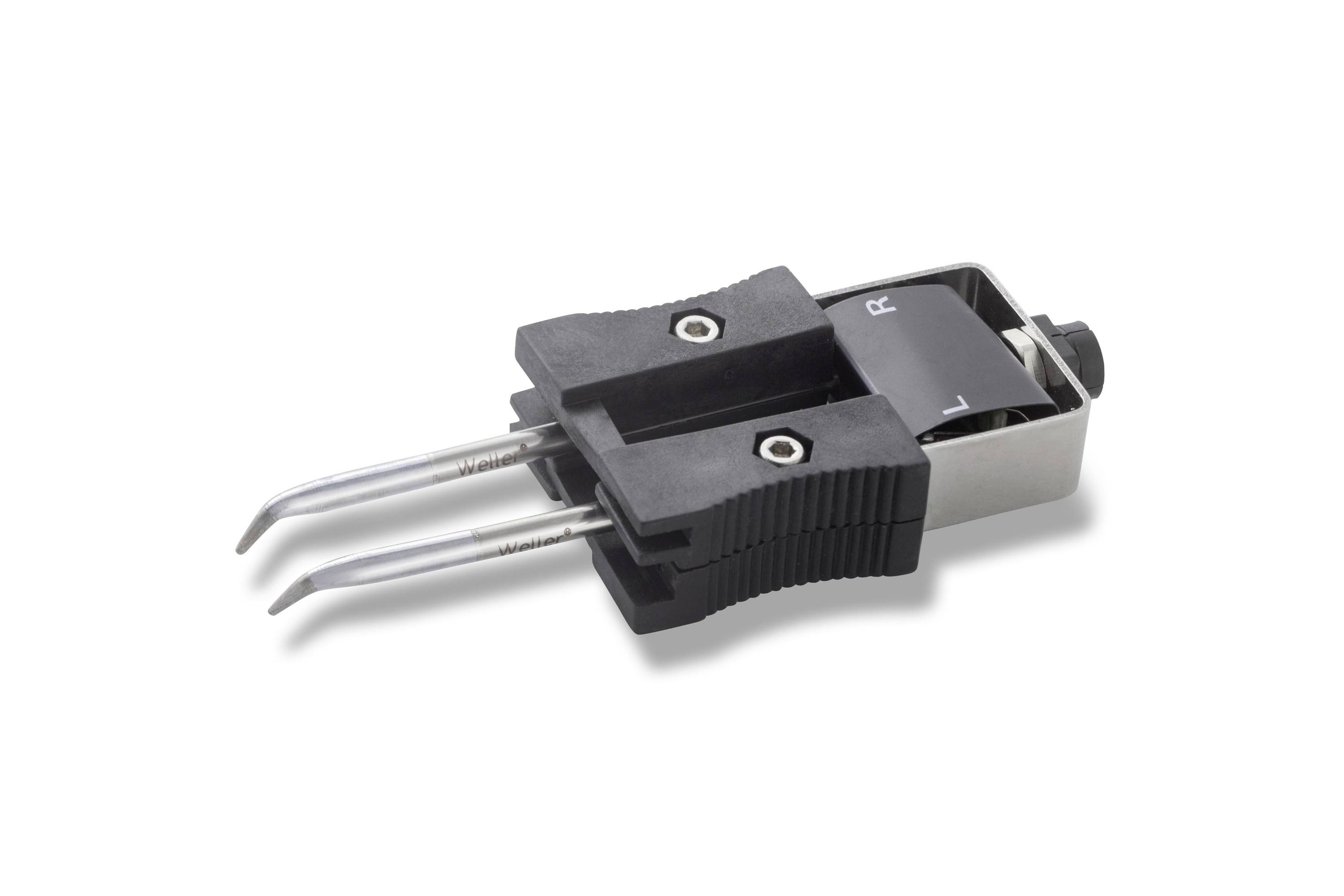 Close-up of a black and silver electrical connector plug with two metal prongs, shown on a white background.