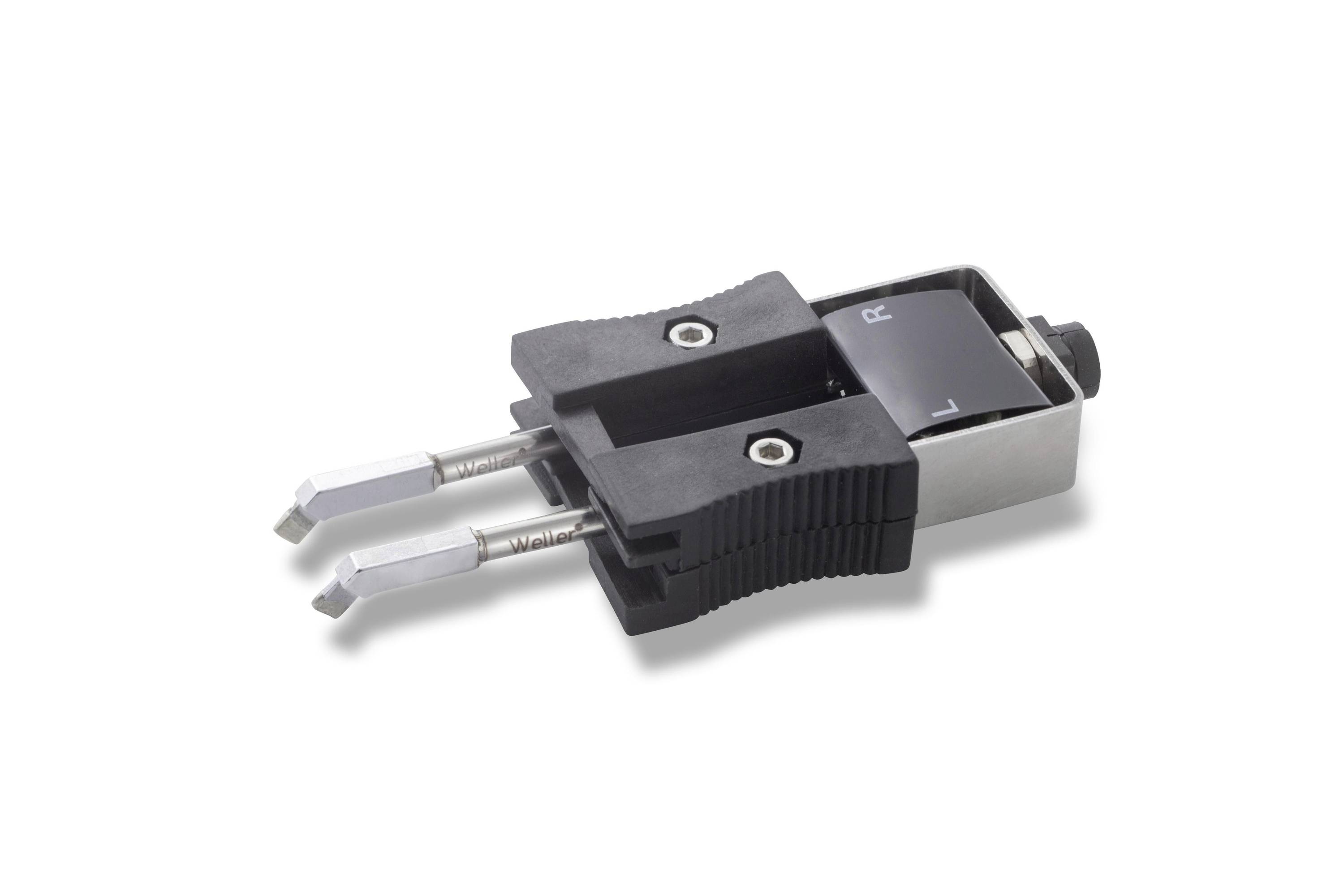 Black industrial connector with two metal pins and 'L' and 'R' markings on a white background.