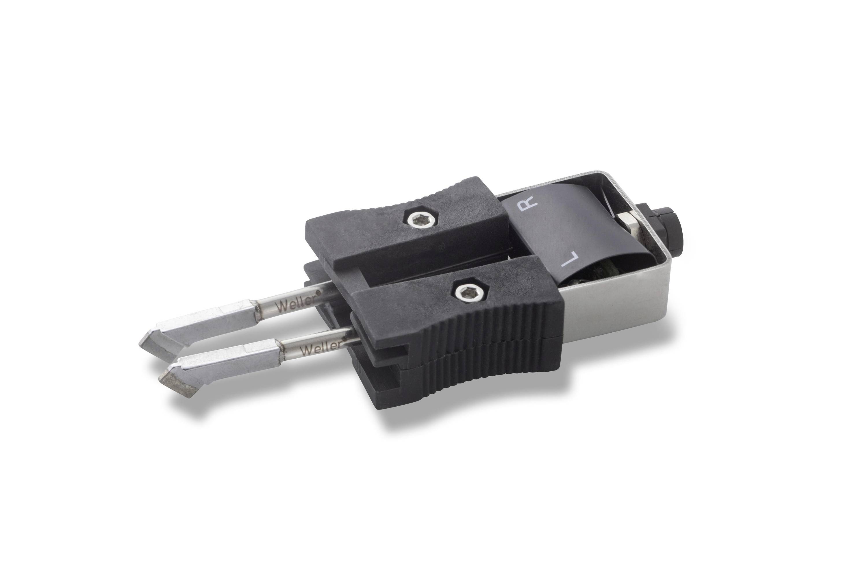 A dual-prong electrical plug connector with black and metal housing, shown on a white background.