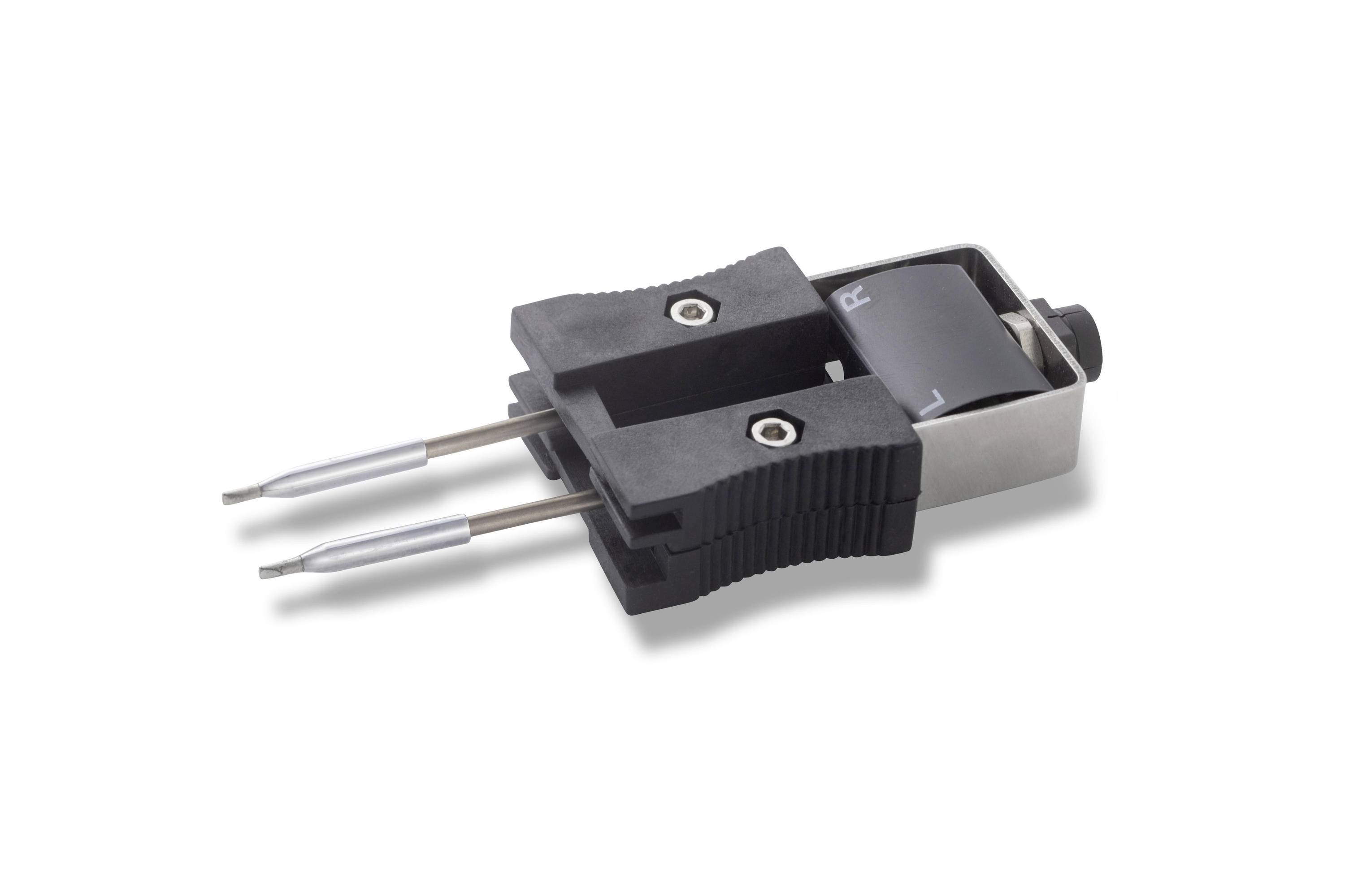 Close-up of a two-prong electrical connector or plug with exposed metal pins and black plastic housing on a white background.
