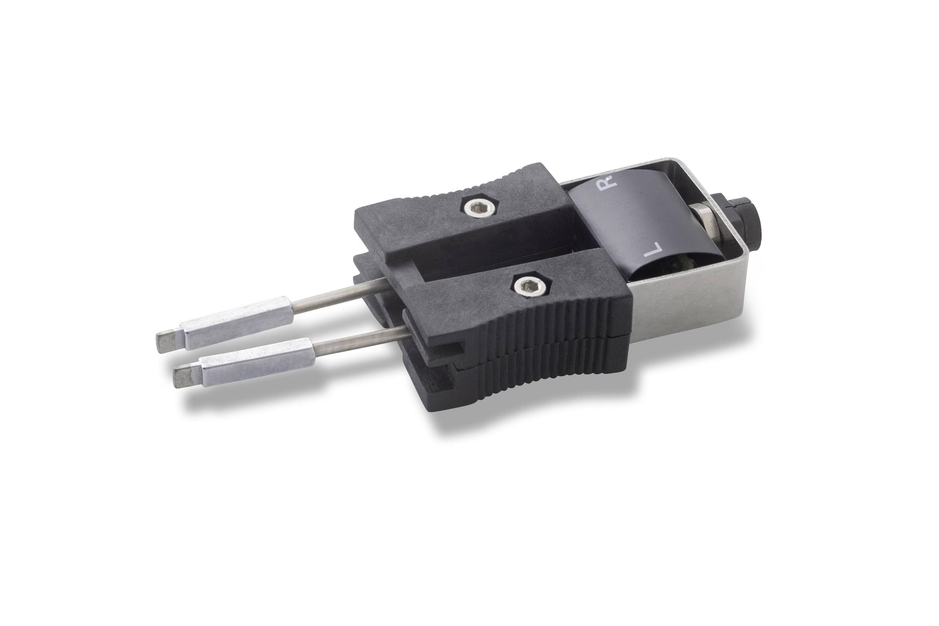 Close-up of a two-prong electrical plug adapter with black plastic body and metal prongs on a white background.