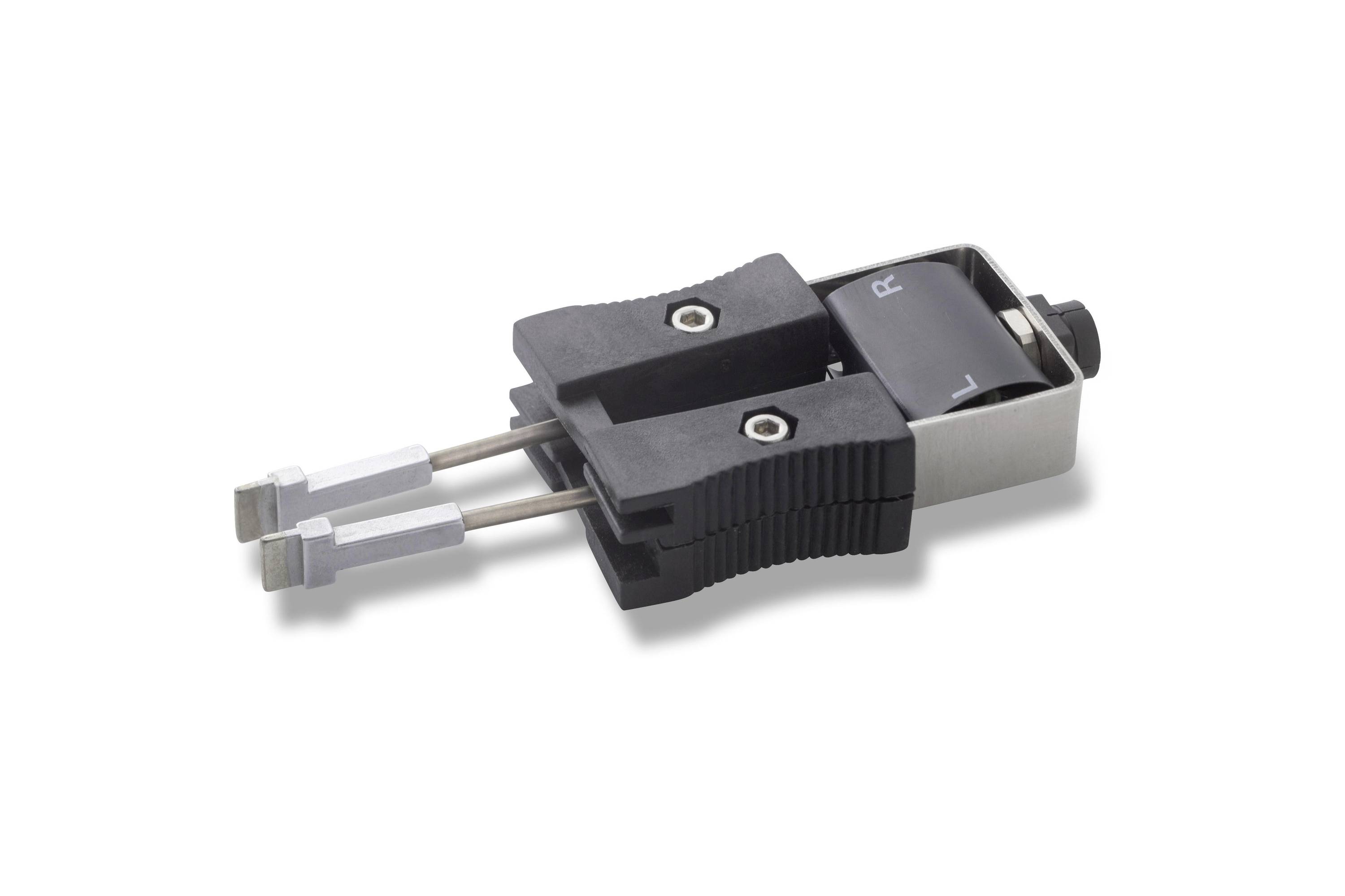 Black toggle switch with two metal actuators and terminals, shown on a white background.