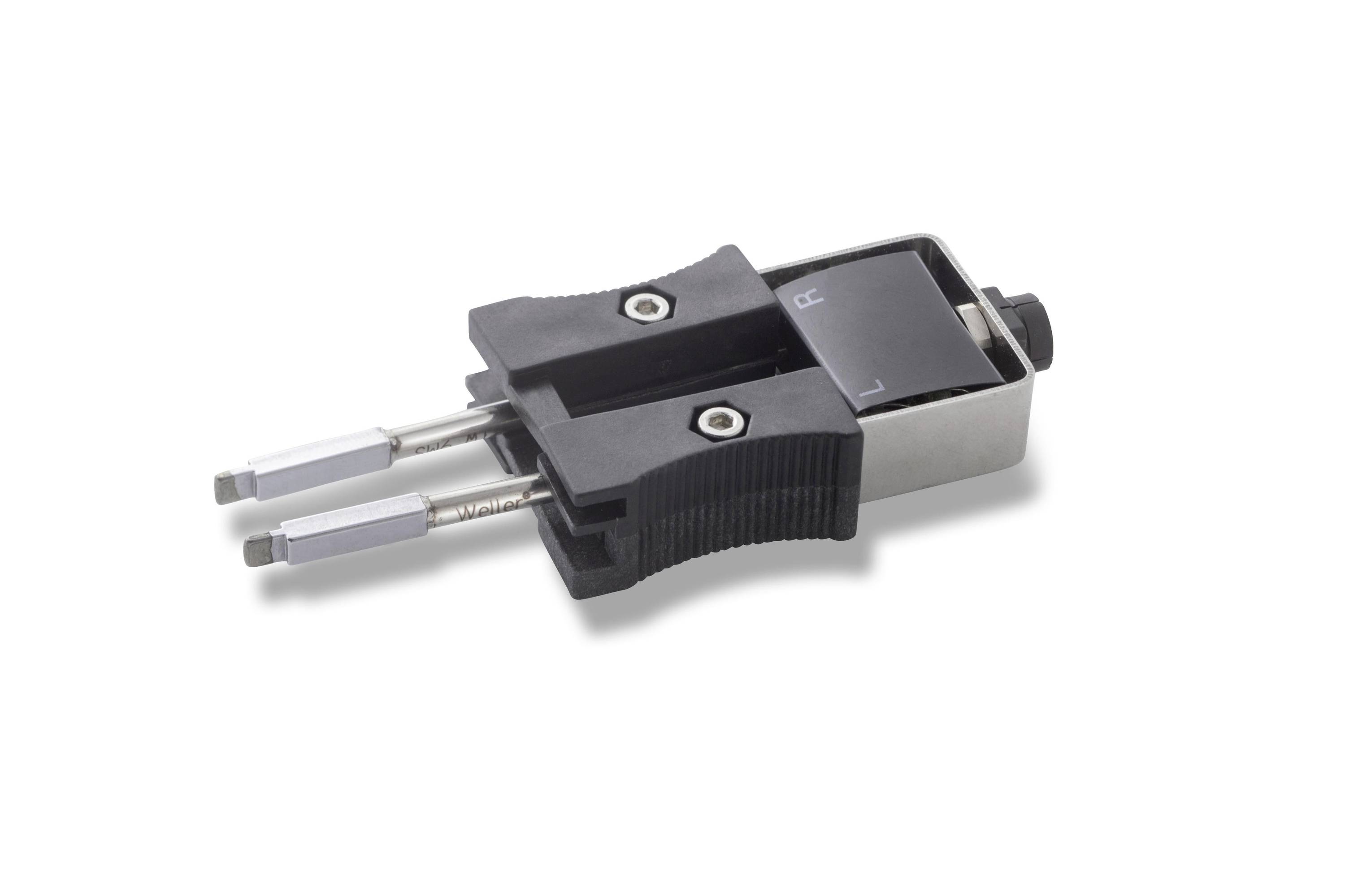 Close-up of a black and silver electrical connector plug with two metal prongs, shown on a white background.