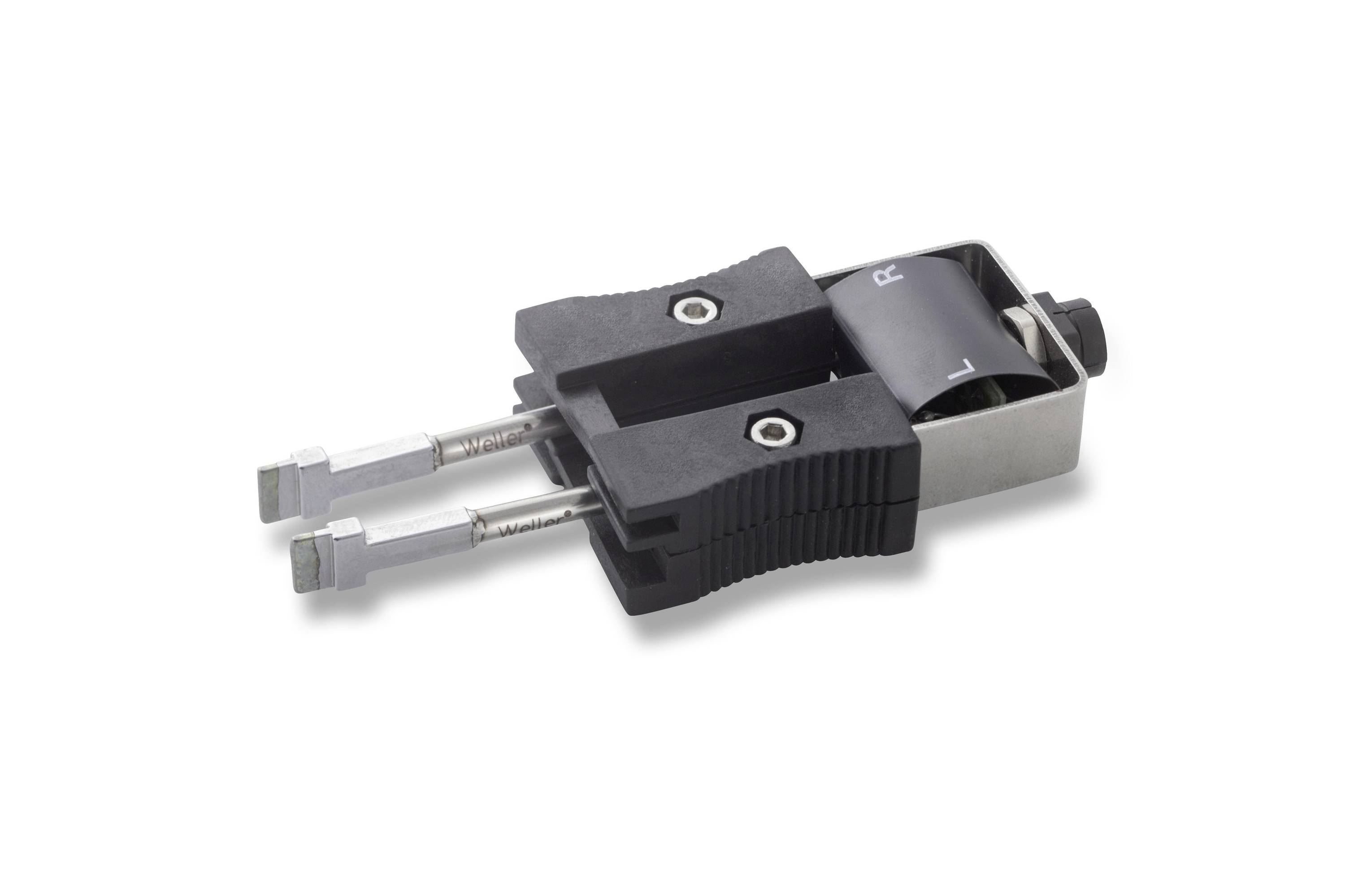 Close-up of a black electrical switch actuator with two metal push rods, shown on a white background.