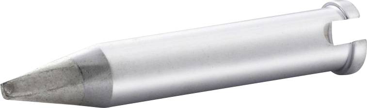 Outil en forme de crayon en métal argenté avec une pointe de graphite affûtée et une extrémité découpée, présenté sur un fond blanc.