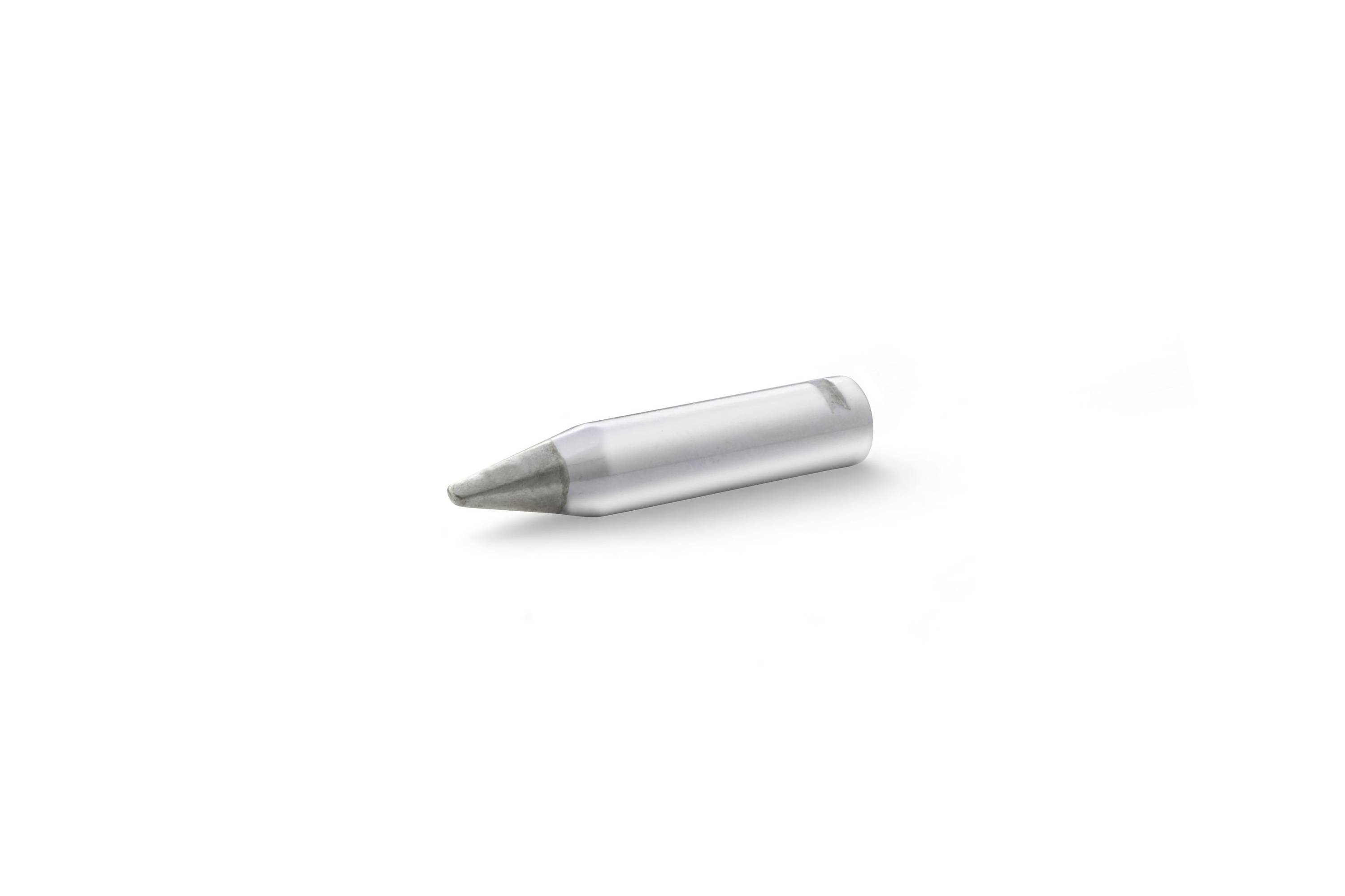 Silver metal bullet cartridge lying on a white background, shown in close-up side view.