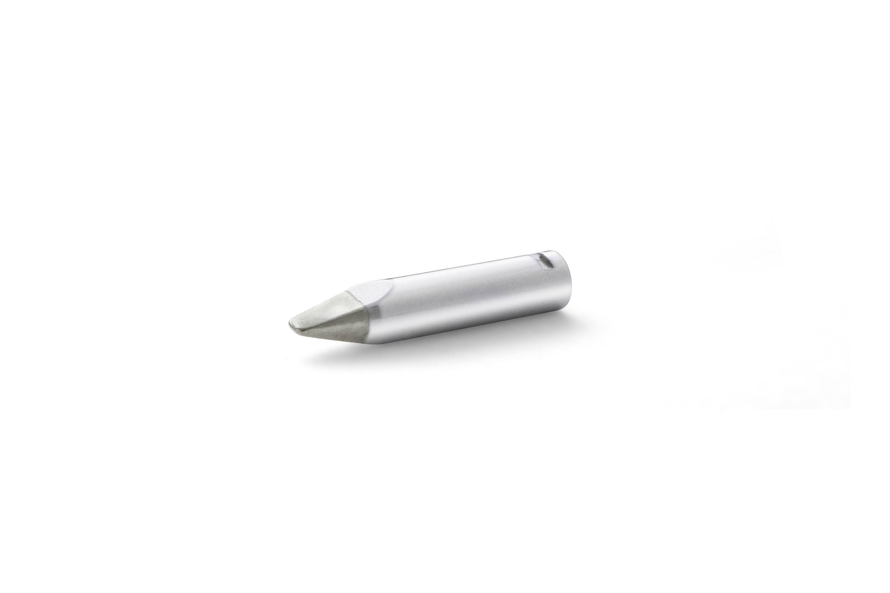 A silver metal pencil sharpener on a white background, shown in perspective with the blade opening visible.