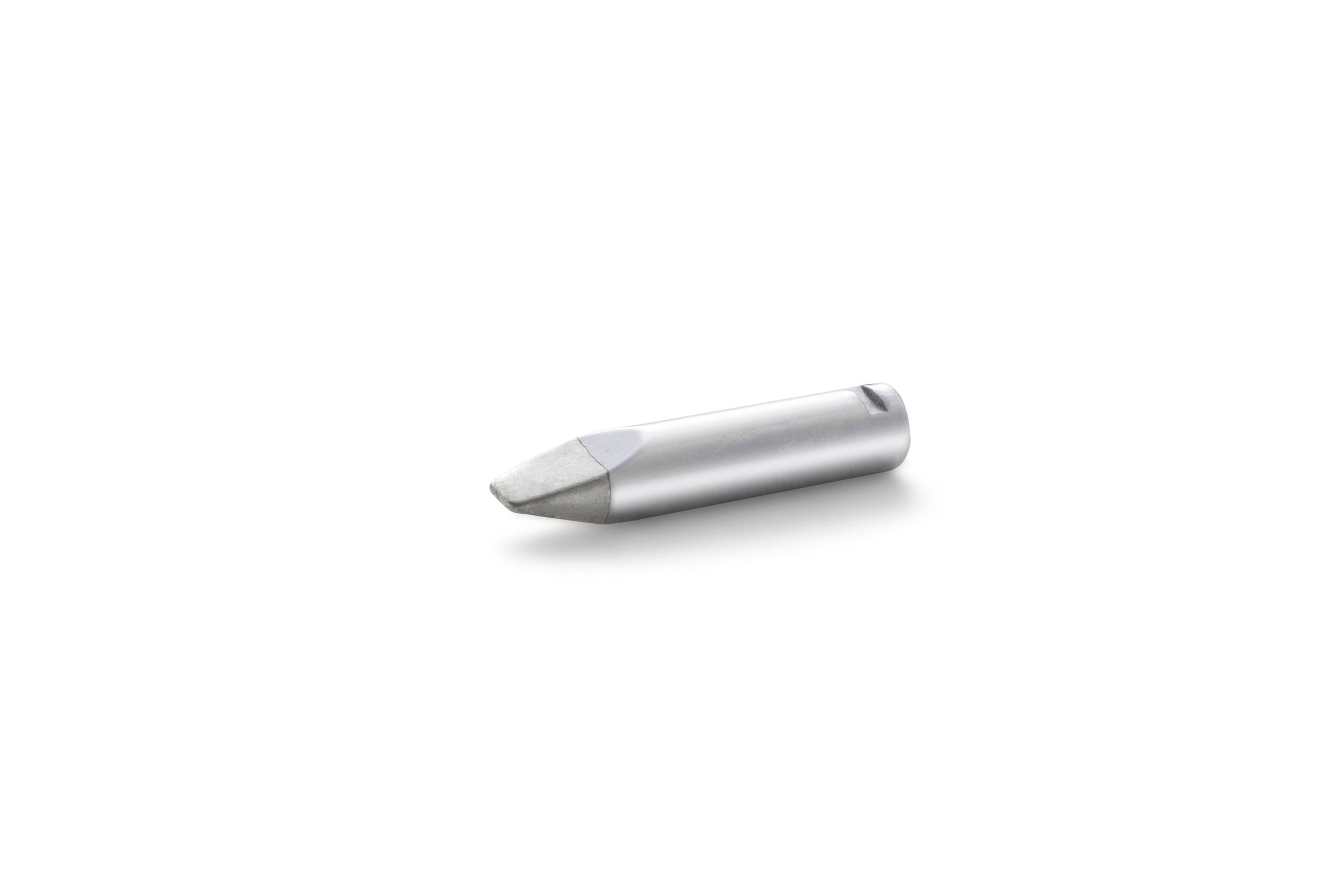 A silver metal pencil lead tip on a white background.