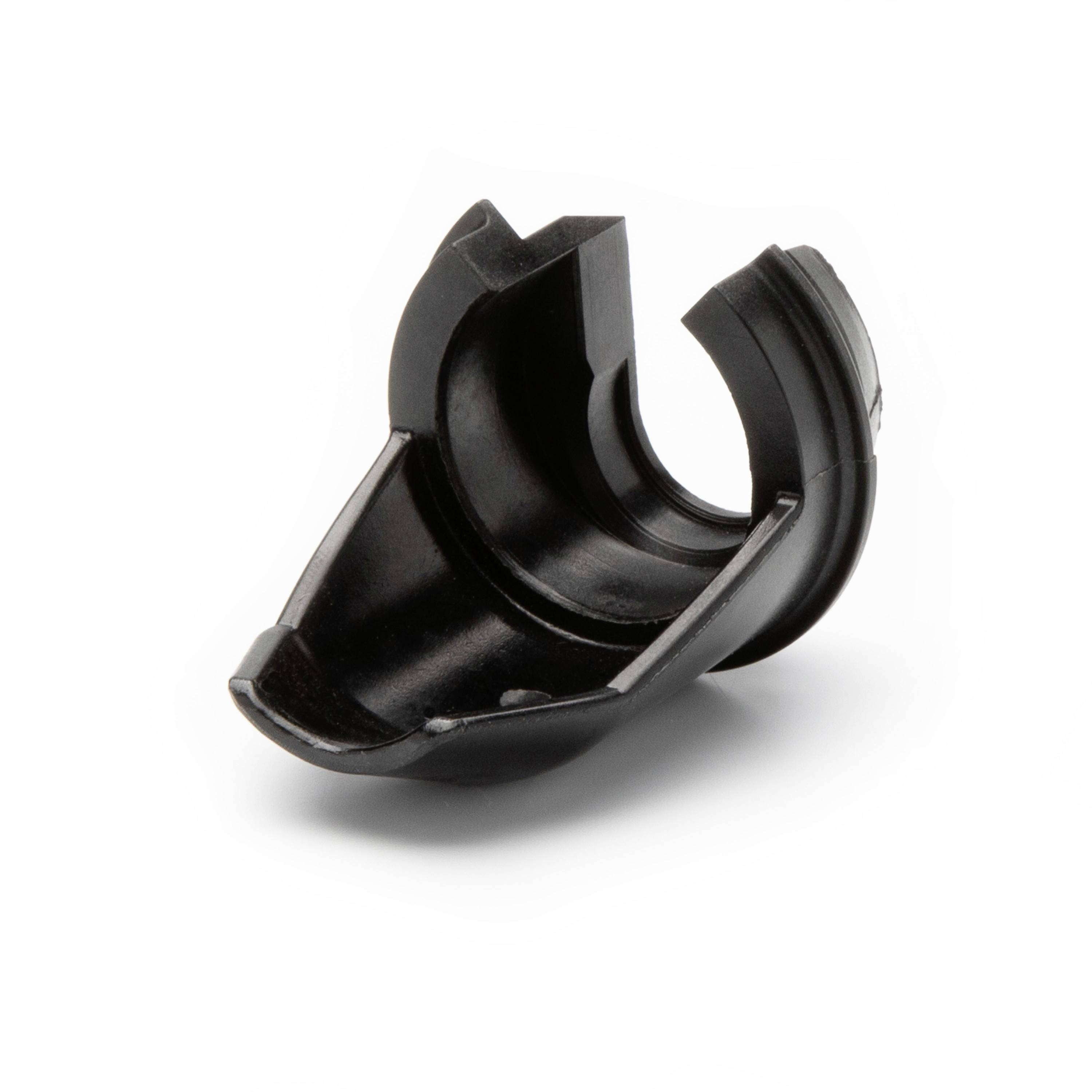 Black plastic pipe clamp or fitting adapter on a white background, shown isolated in product-style view.