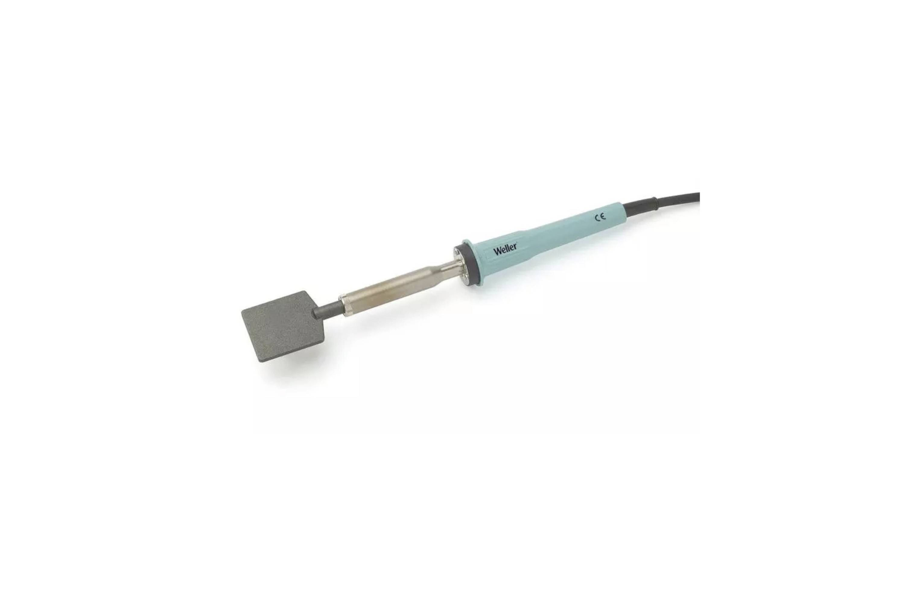 A corded soldering iron with a flat chisel tip on a white background.