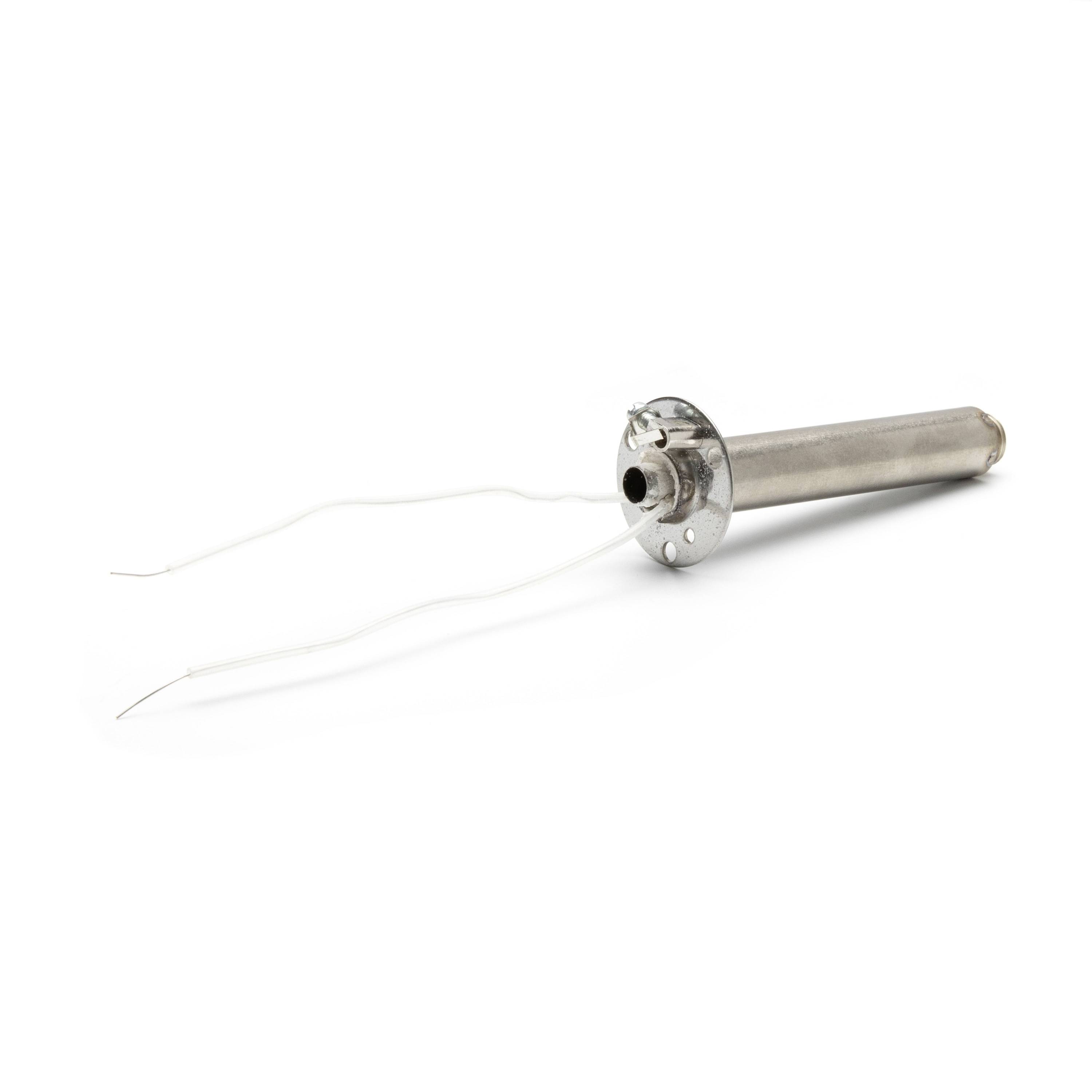 Small cylindrical metal component with two thin wires extending from one end, shown on a white background.