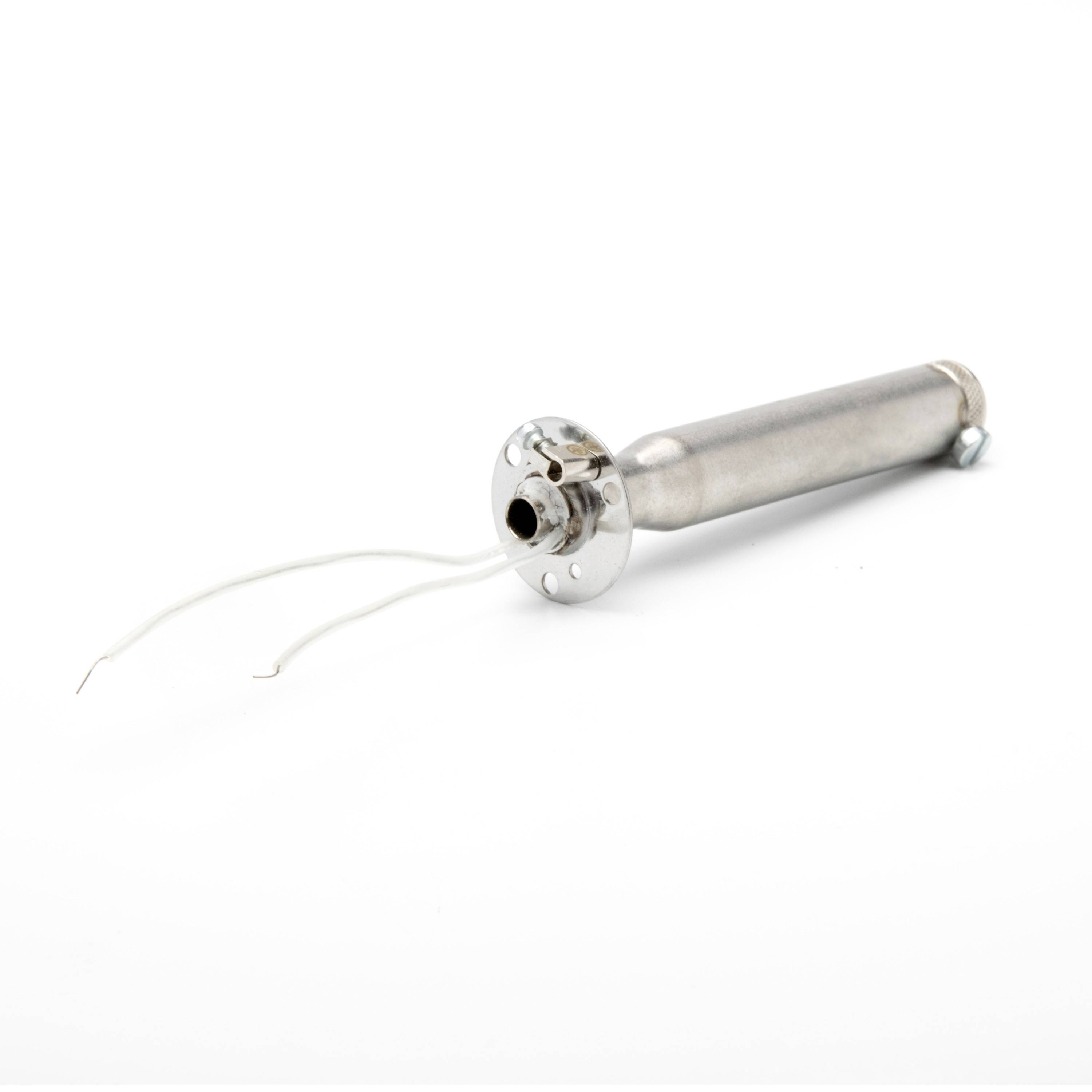 Metallic cylindrical electronic component with two thin white wires attached, shown on a white background.
