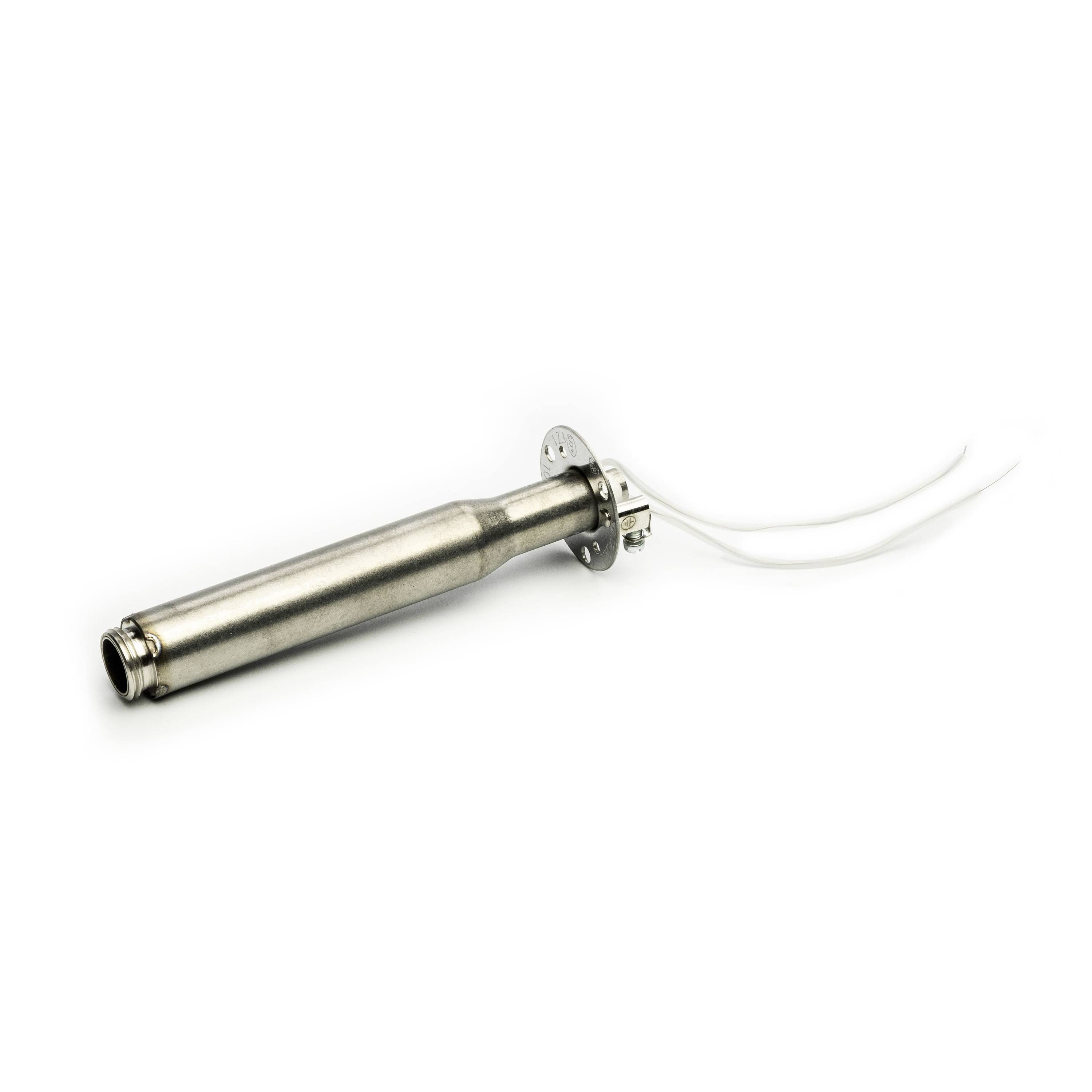 Metal cylindrical electrical probe with two white wires attached on a white background.