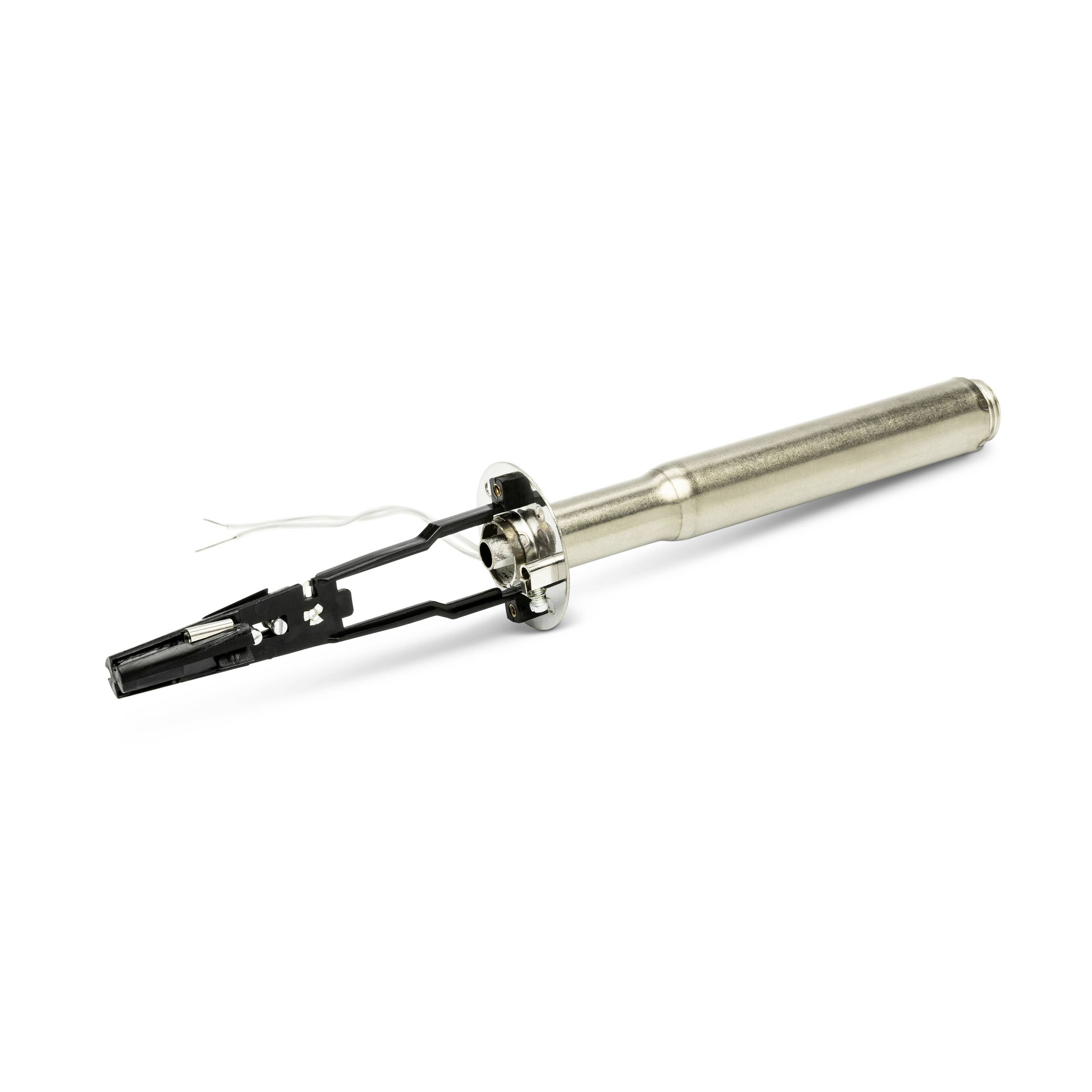 A soldering iron with a metal handle and black tip, shown on a white background.