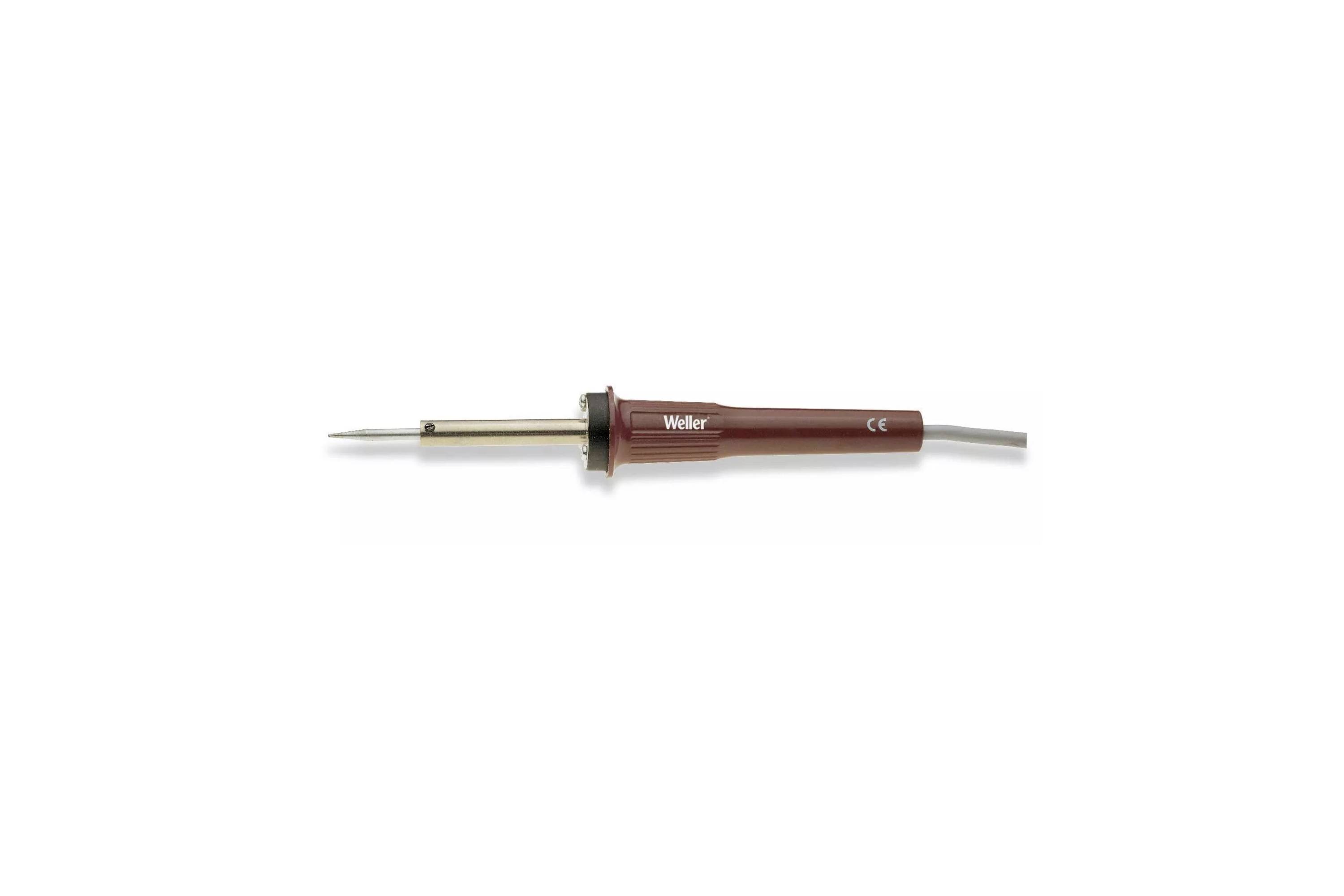 A red soldering iron with a metal tip and power cord, shown isolated on a white background.