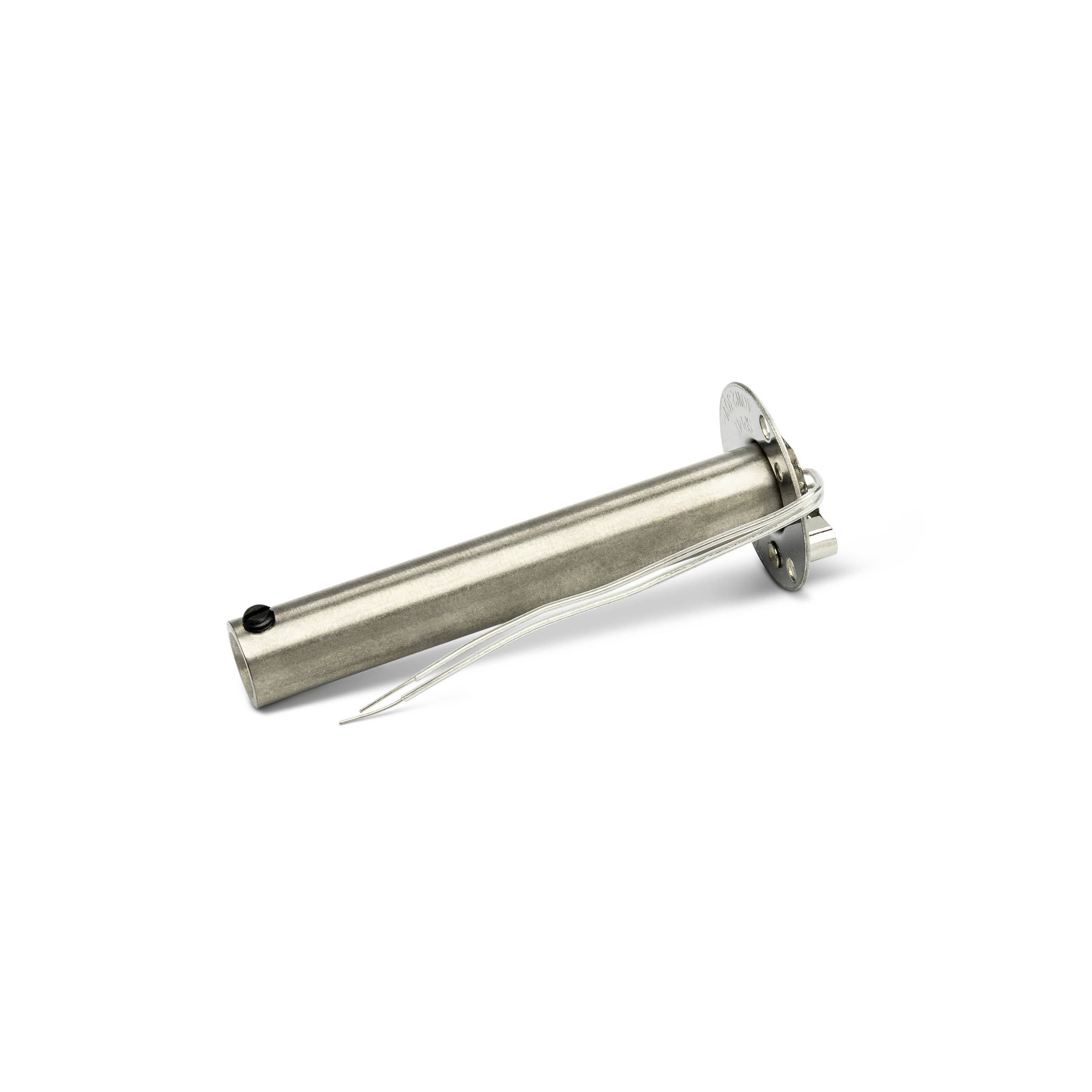 Metal fuel tank sender unit with float and mounting flange on a white background.