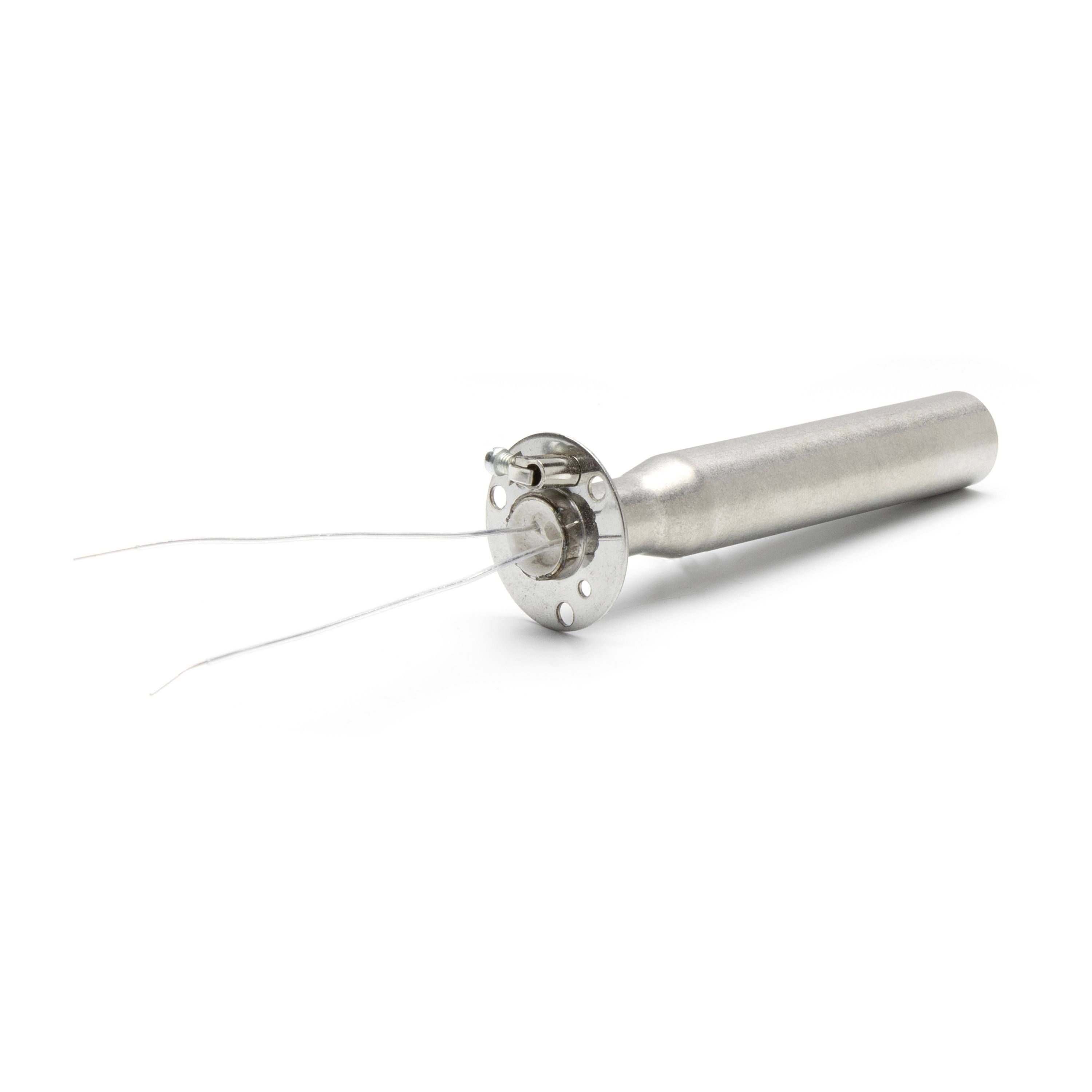 Metallic cylindrical sensor or probe with two thin wires extending from the front on a white background.