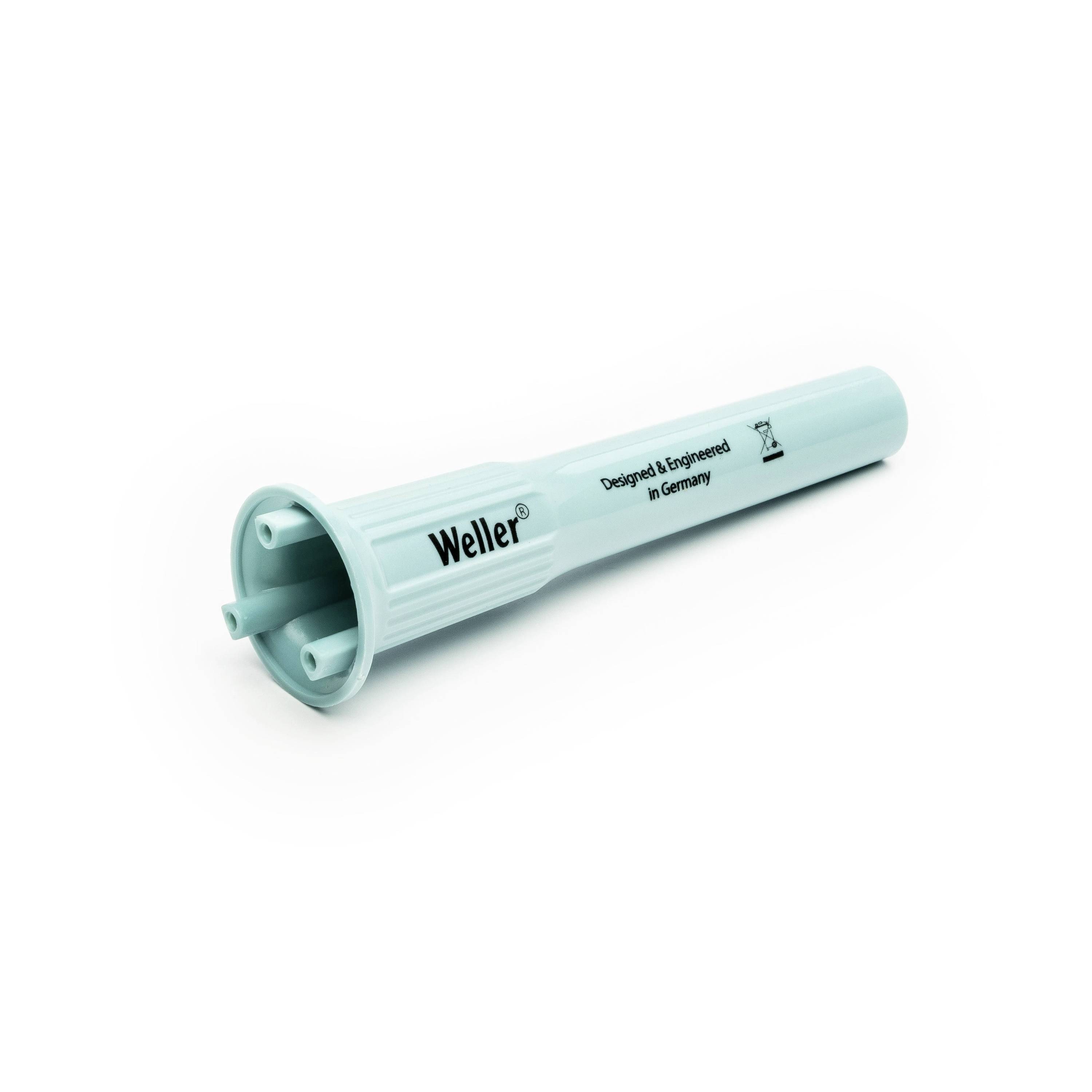 Light blue Weller cylindrical plastic tool housing with open end and internal prongs, shown on a white background.