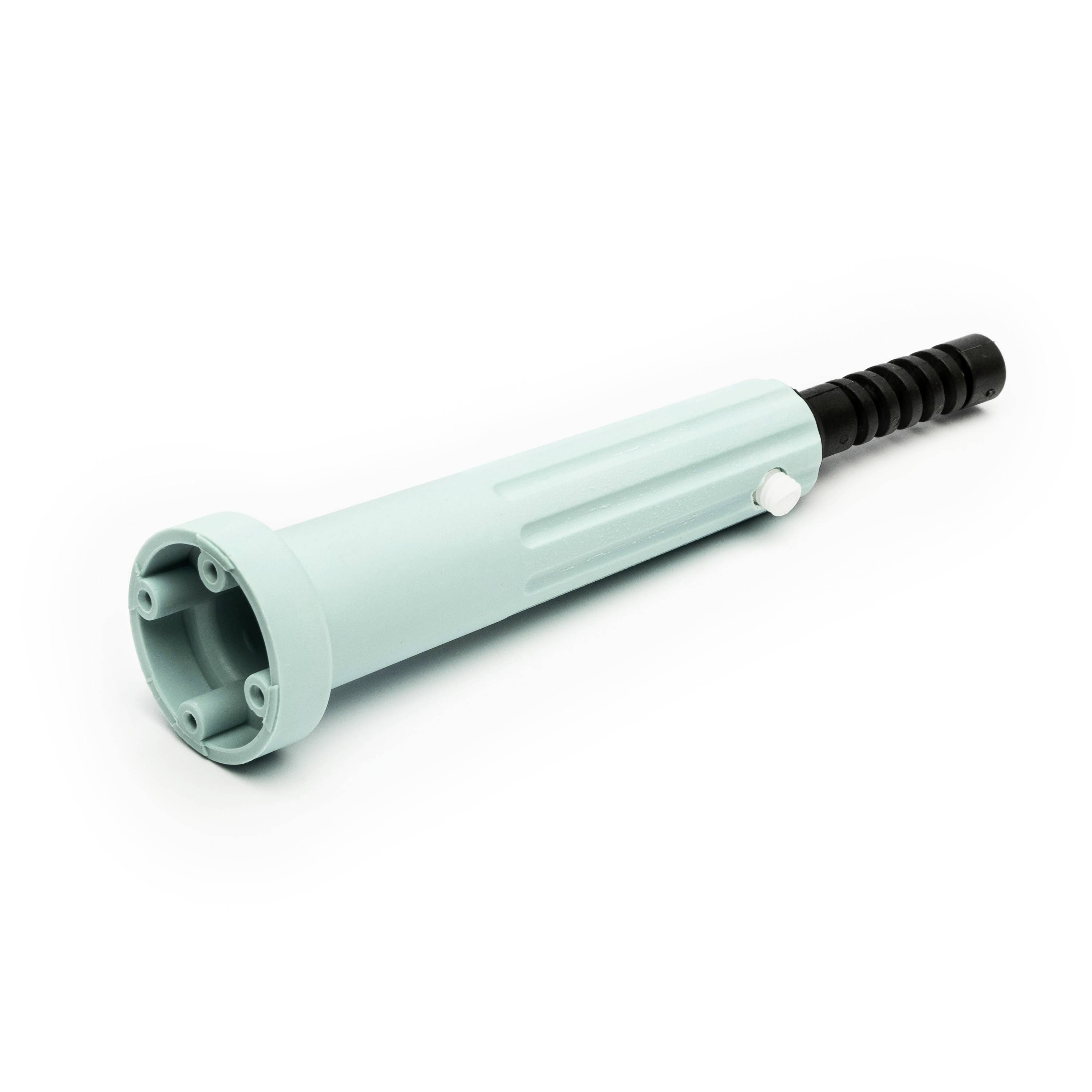 A mint-green handheld tool with a black ribbed handle, shown on a white background.