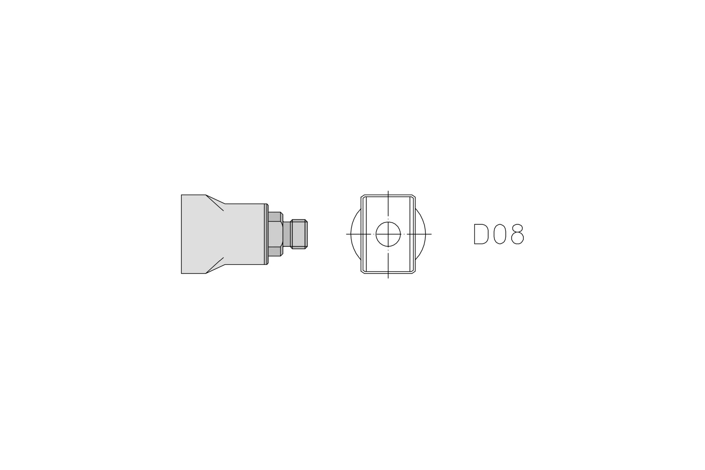 Technical drawing of a small mechanical part shown in side and front views, labeled 'D08'.