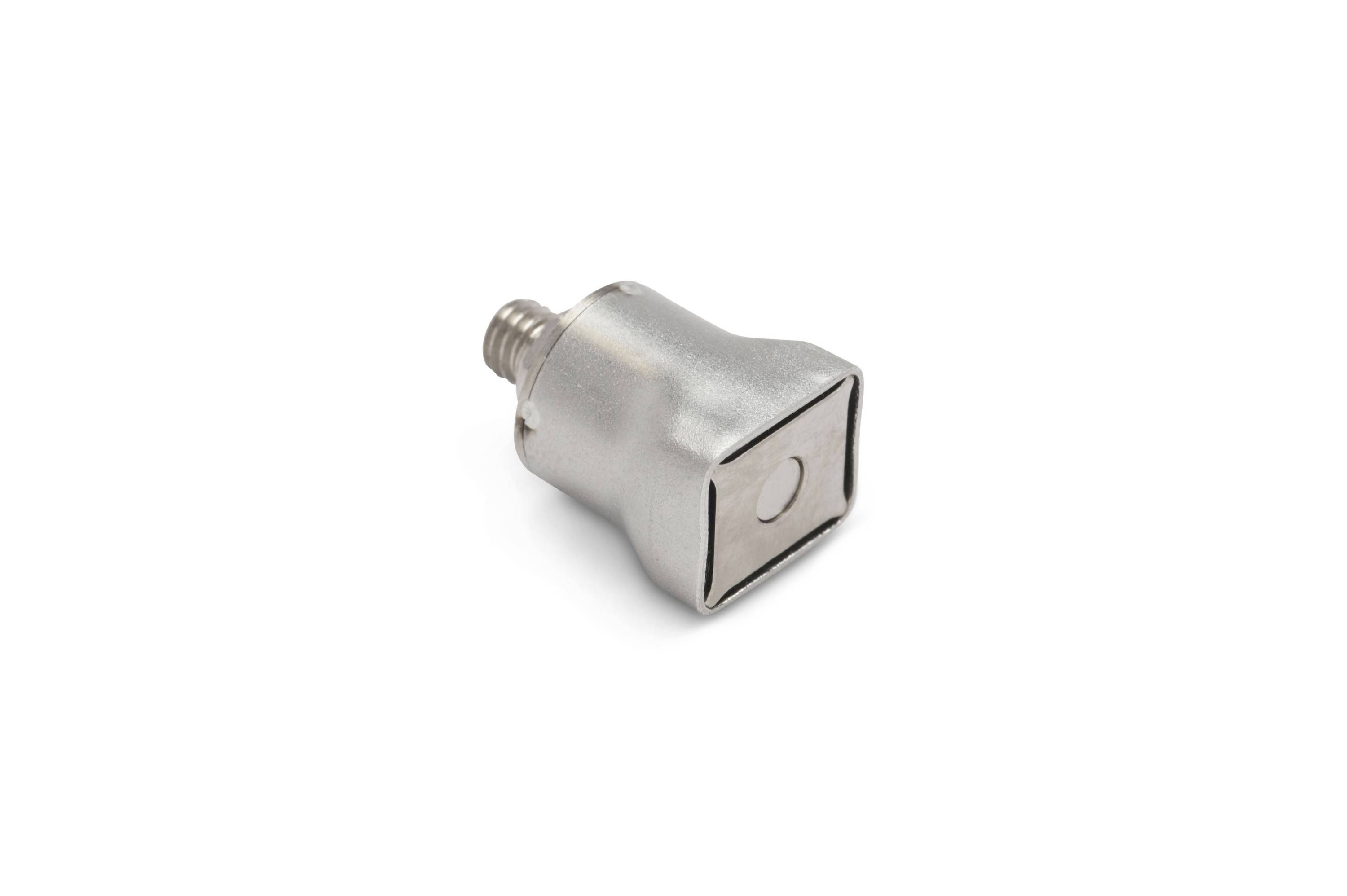 Small silver metal screw plug or cap with threaded end on a white background.
