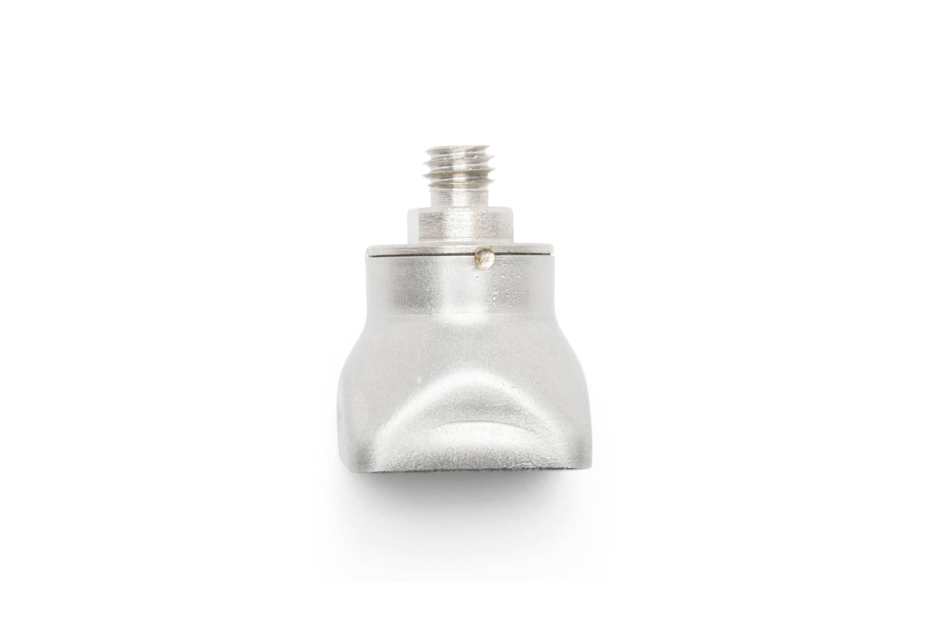 Small silver metal fitting with a threaded connector, shown isolated on a white background.