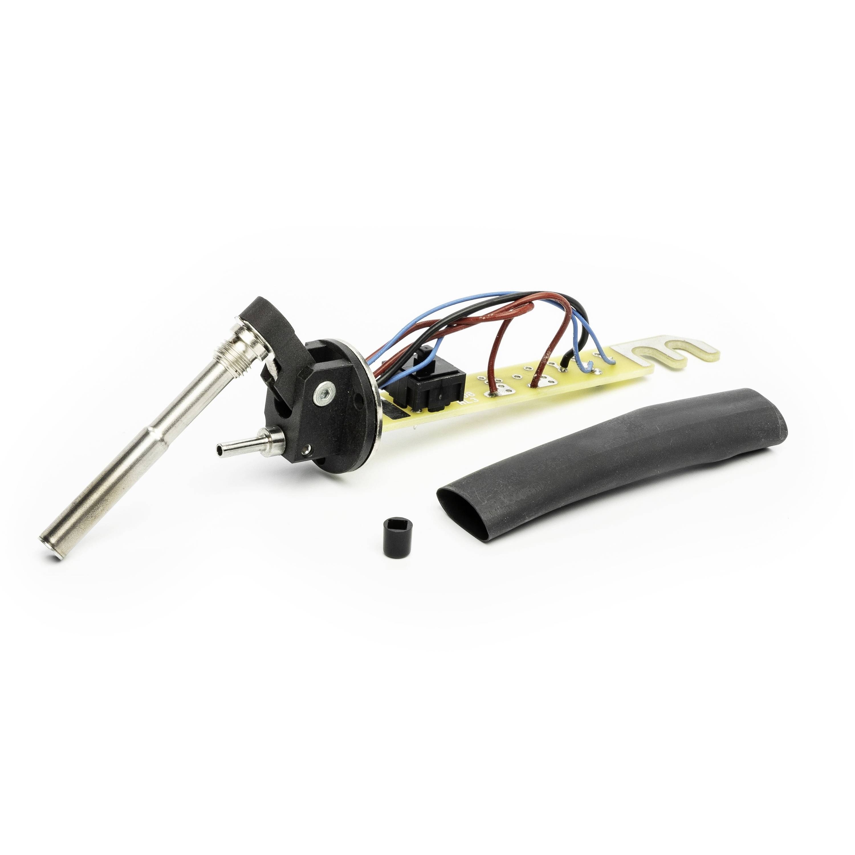Soldering iron assembly with exposed wiring, a separate black heat-shrink sleeve, and a small end cap on a white background.