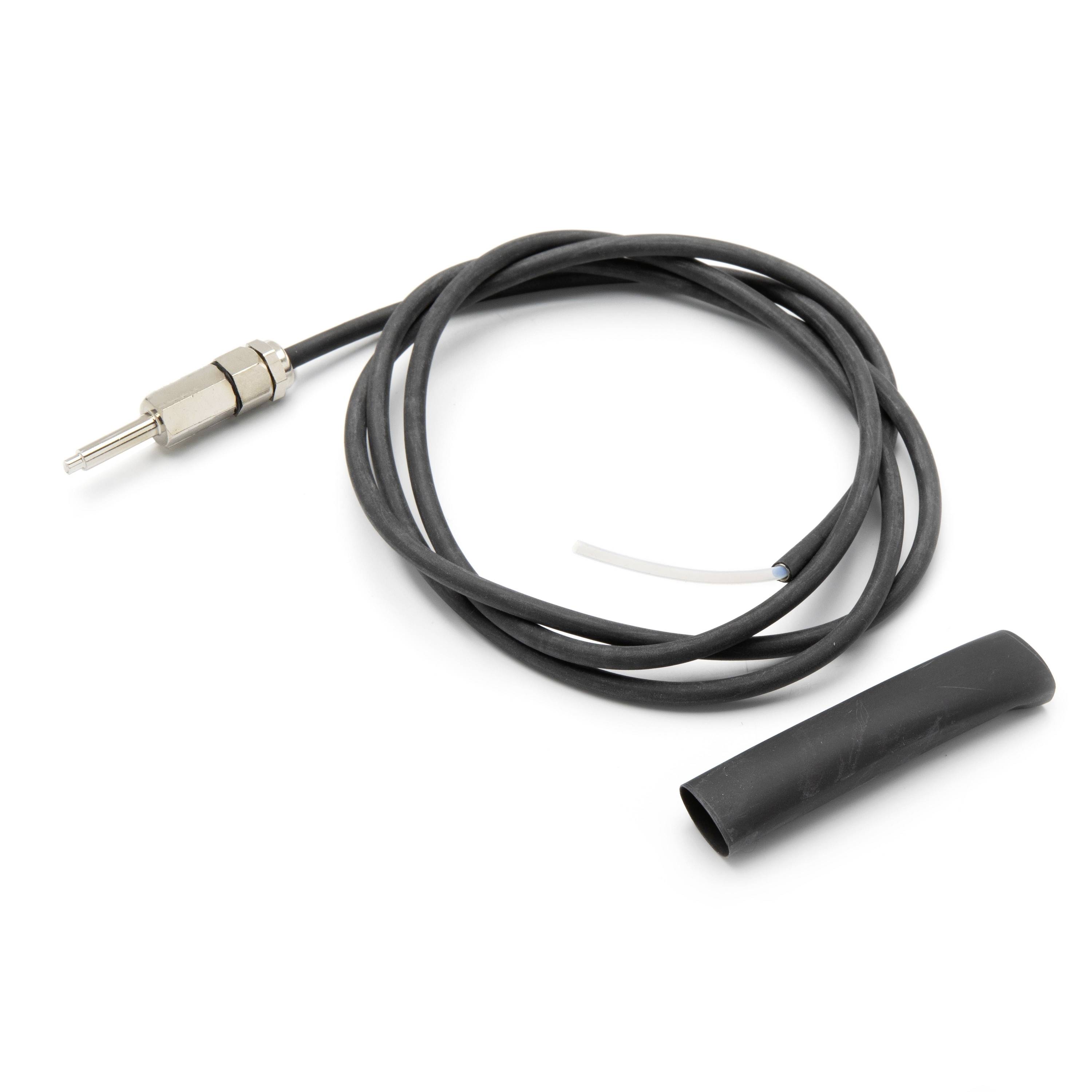 Black cable with a metal connector and a separate heat-shrink sleeve on a white background.