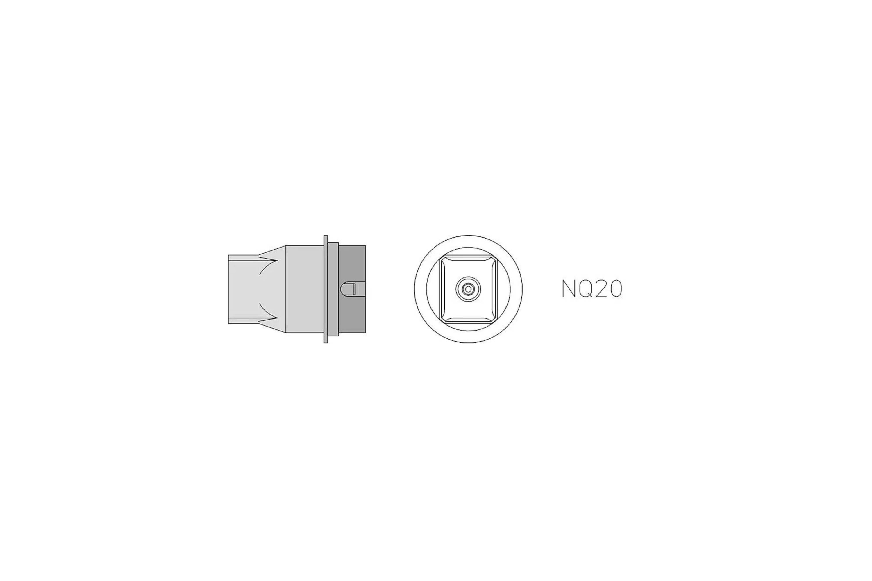 Diagram showing an NQ20 quick-connect fitting with side and end views.