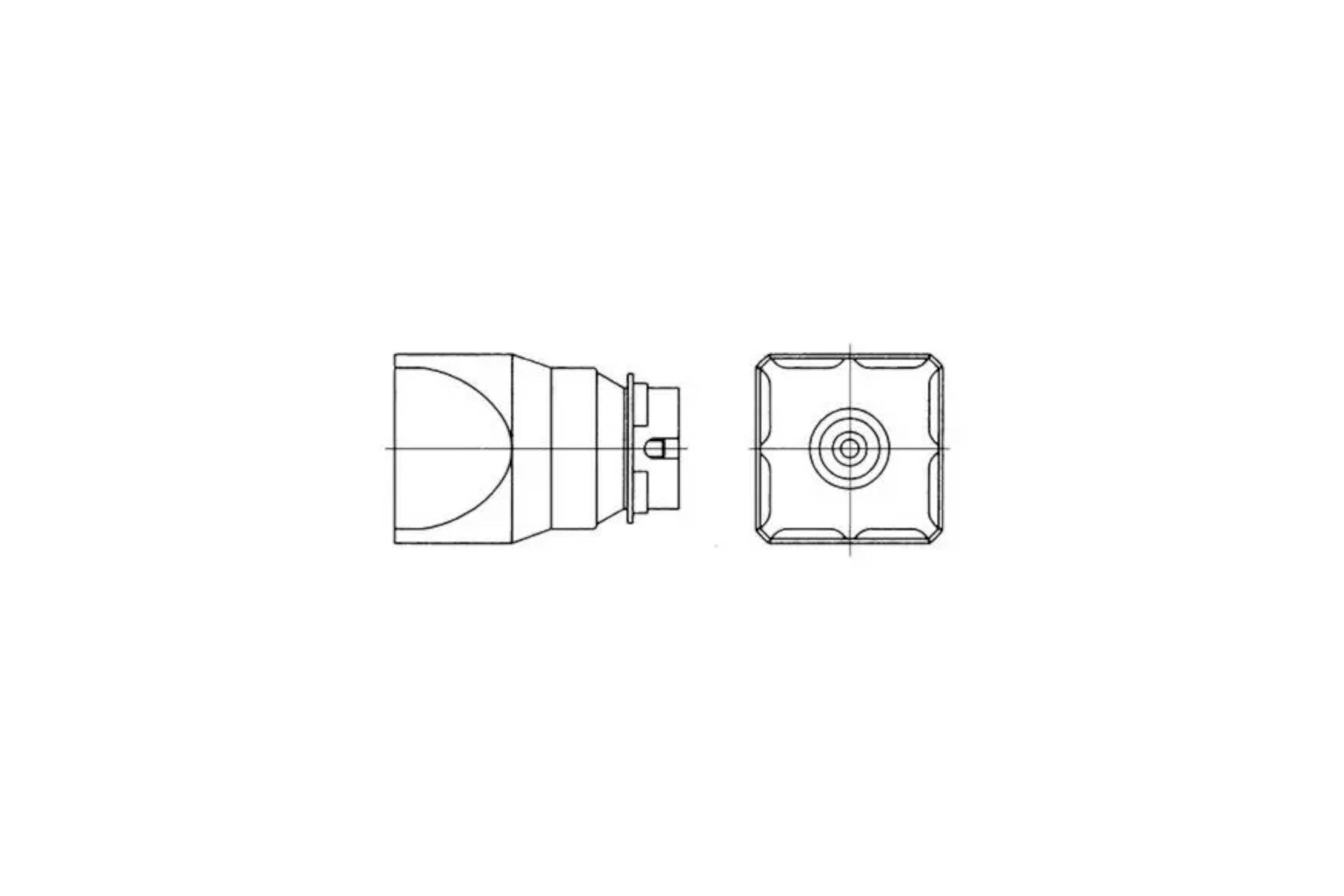 Technical line drawing of a small cylindrical device shown in side and front views, with a square front face and centered circular detail.
