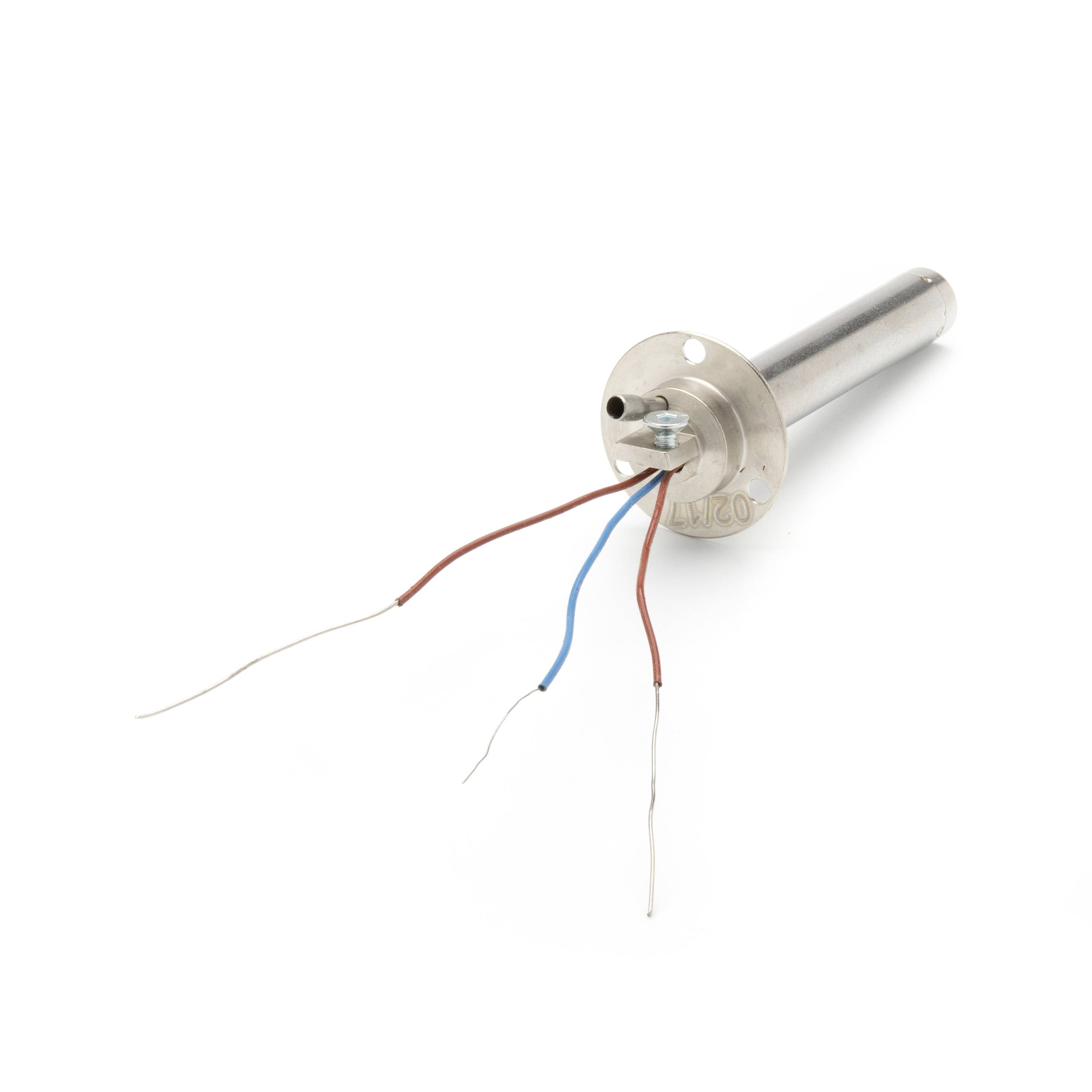 Metal temperature probe with three exposed wires on a white background.