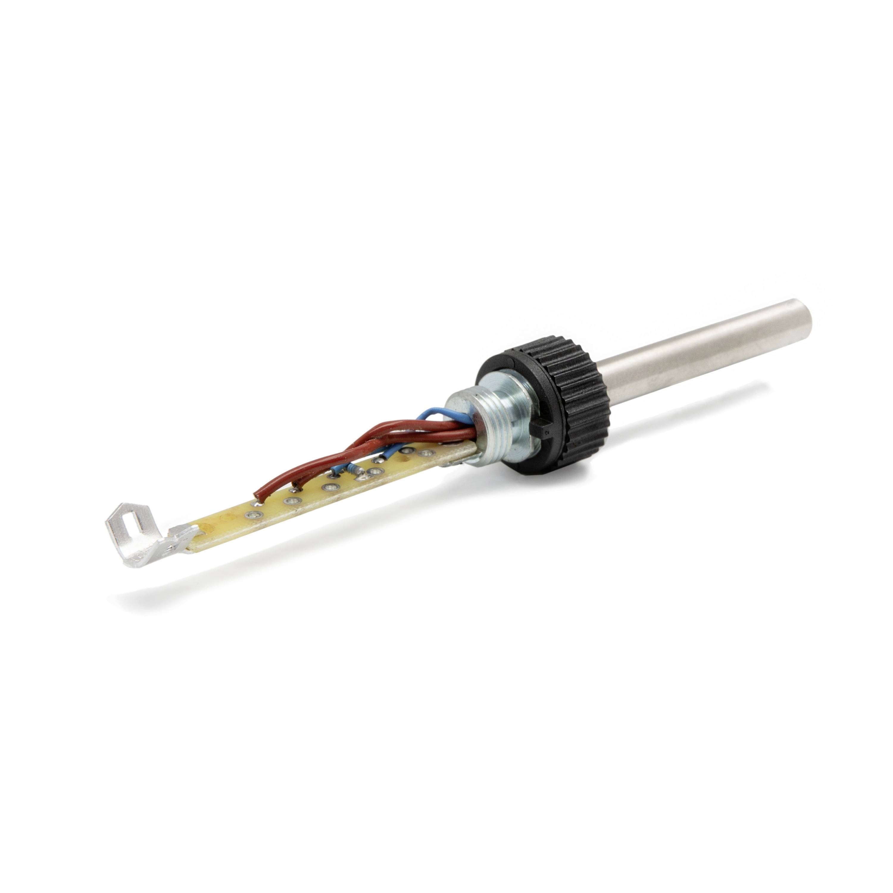 Close-up of a soldering iron heating element assembly with metal shaft, black collar, and exposed wiring on a white background.
