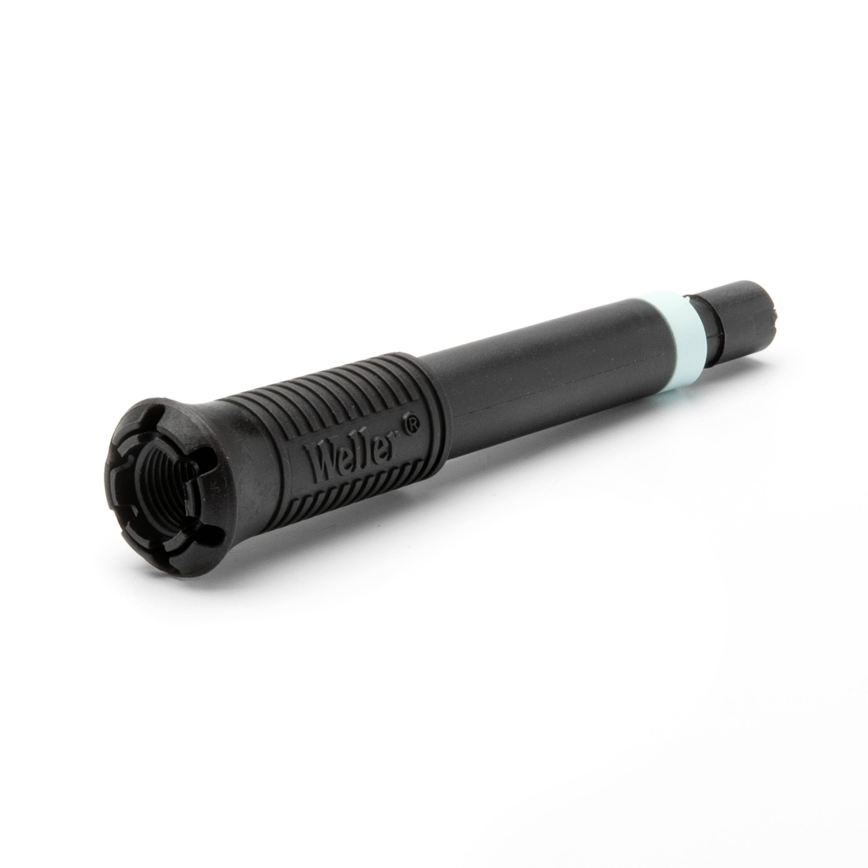 Black cylindrical tool handle with a ribbed grip, Weller logo, and a light blue ring, shown on a white background.