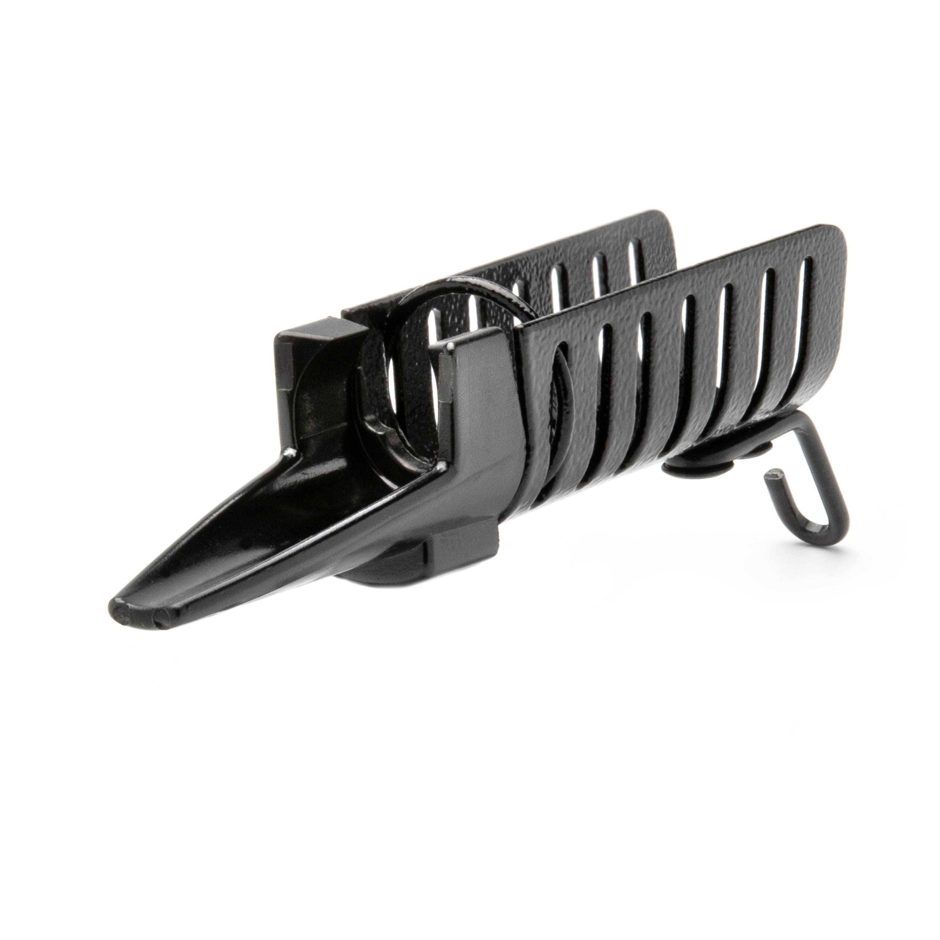 Black plastic hair clip with a spring hinge and comb-like teeth on a white background.