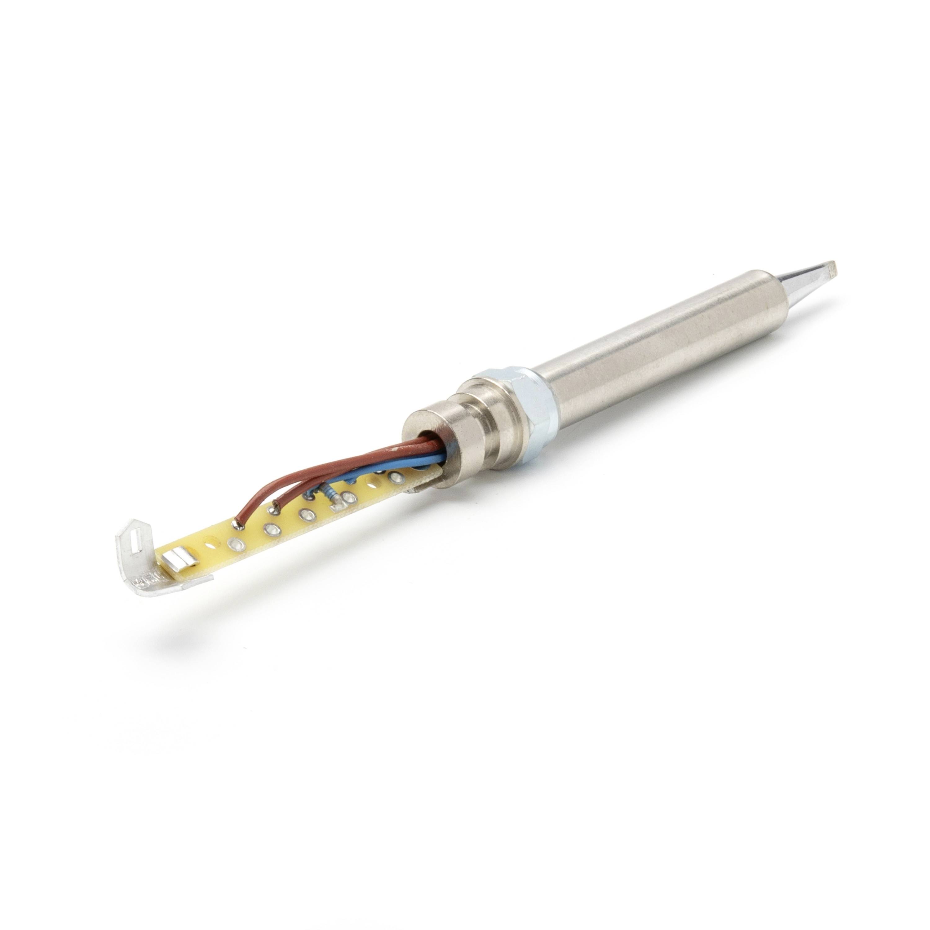 Close-up of a soldering iron tip with an exposed internal circuit board and wires, shown on a white background.